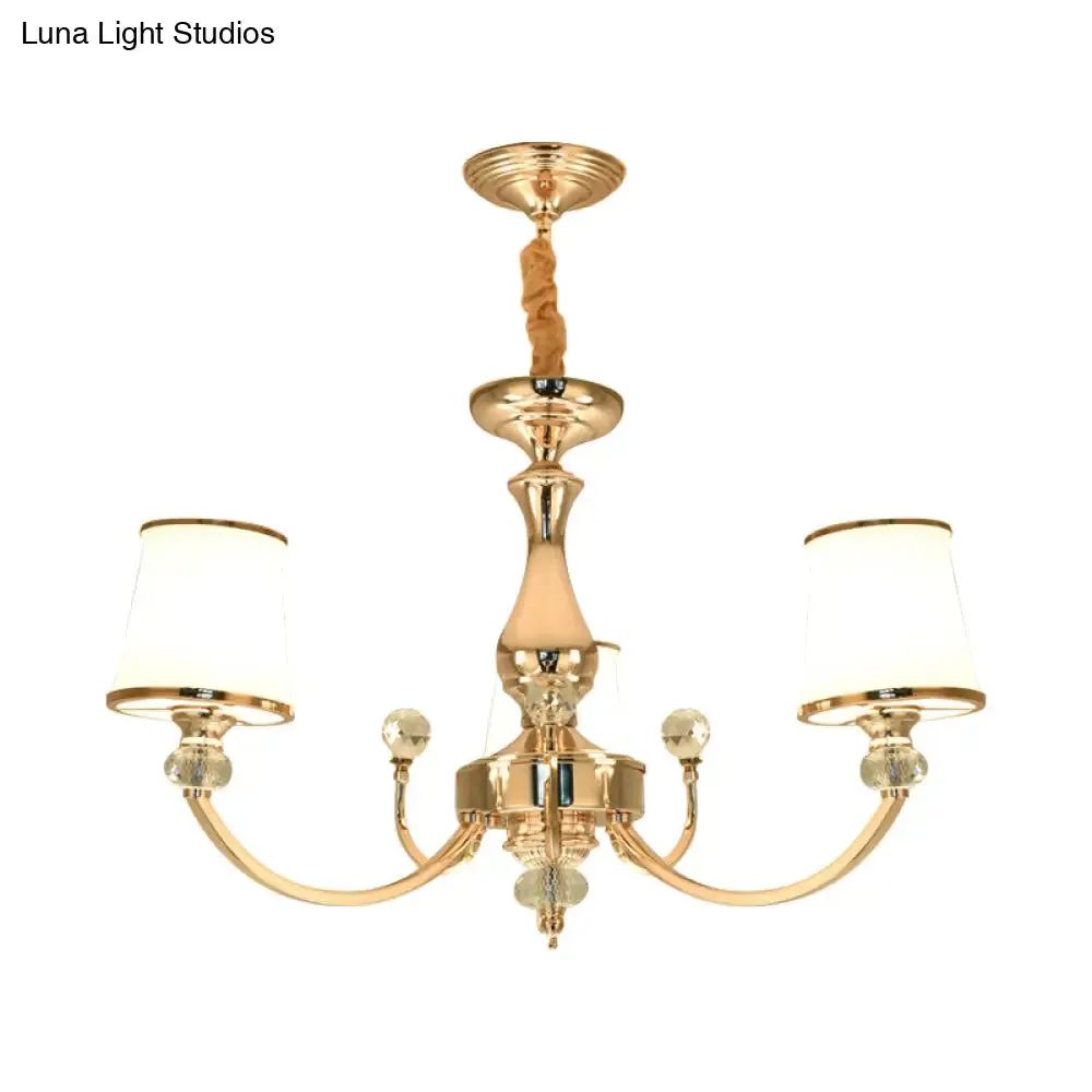Modernist Opal Glass Cone Ceiling Pendant Chandelier - Chrome/Gold, Curved Arm, 3/6 Lights