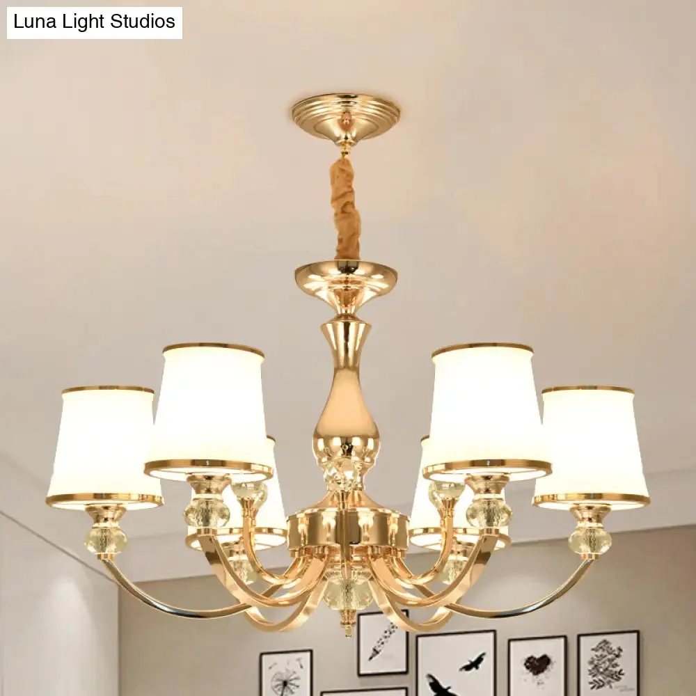 Modernist Opal Glass Cone Ceiling Pendant Chandelier - Chrome/Gold, Curved Arm, 3/6 Lights