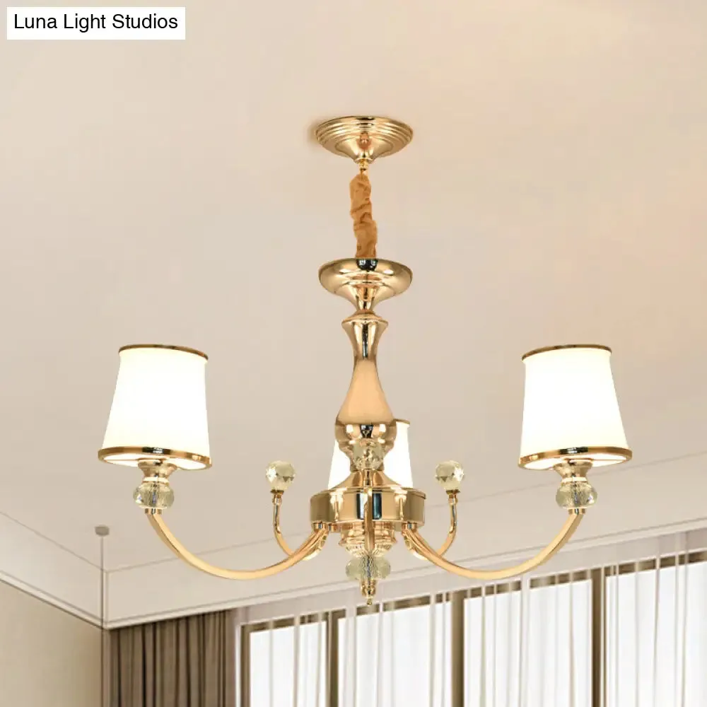Modernist Opal Glass Cone Ceiling Pendant Chandelier - Chrome/Gold, Curved Arm, 3/6 Lights