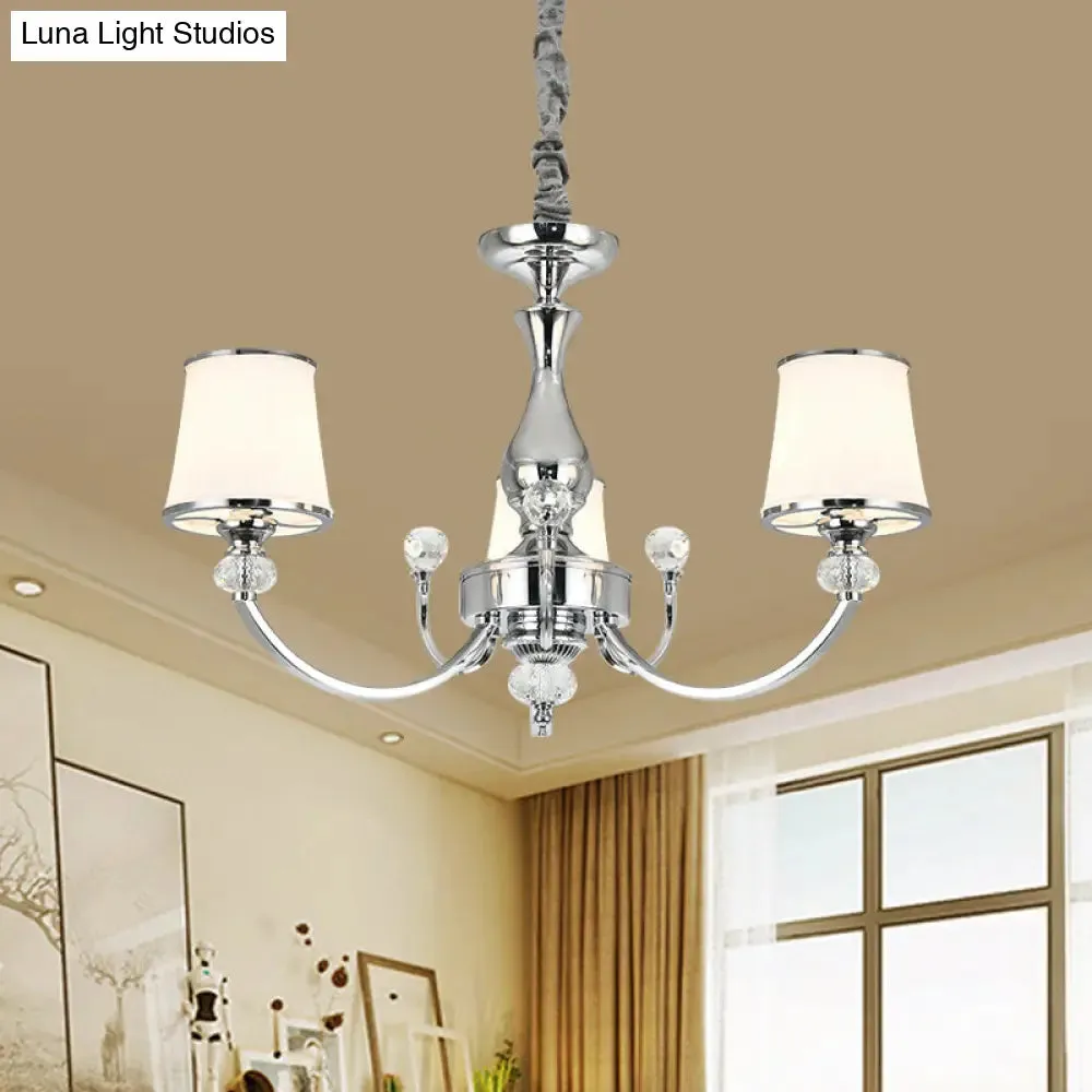Modernist Opal Glass Cone Ceiling Pendant Chandelier - Chrome/Gold, Curved Arm, 3/6 Lights