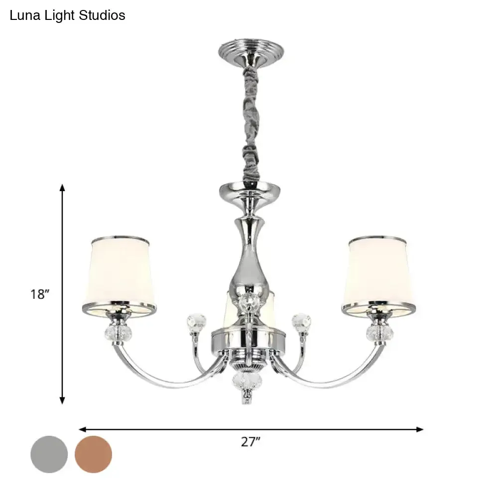 Modernist Opal Glass Cone Ceiling Pendant Chandelier - Chrome/Gold, Curved Arm, 3/6 Lights