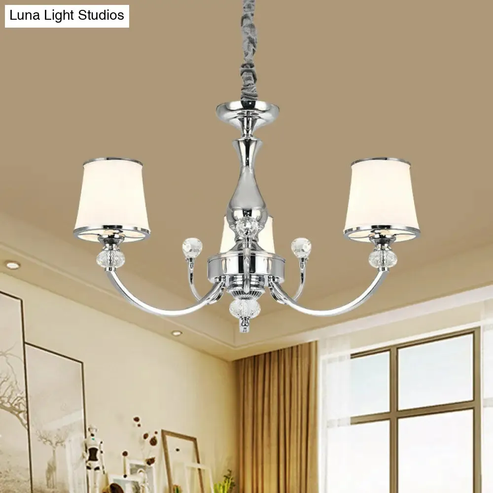 Modernist Opal Glass Cone Ceiling Pendant Chandelier - Chrome/Gold, Curved Arm, 3/6 Lights