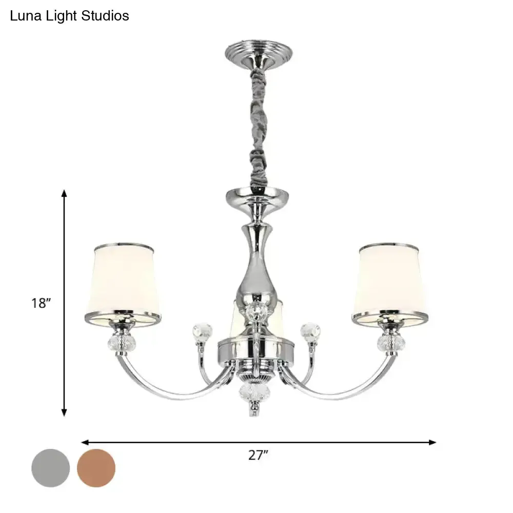 Modernist Opal Glass Cone Ceiling Pendant Chandelier - Chrome/Gold, Curved Arm, 3/6 Lights