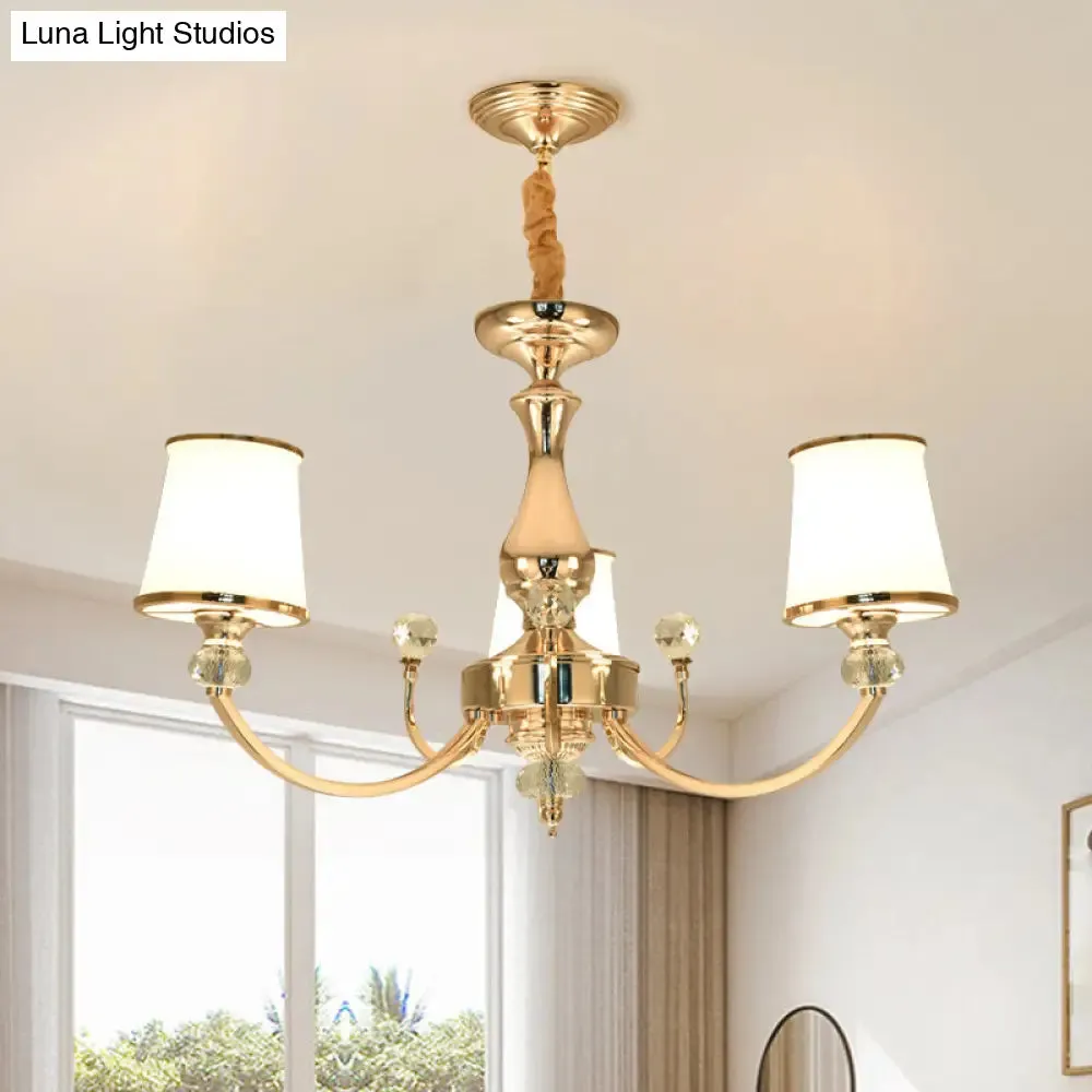 Modernist Opal Glass Cone Ceiling Pendant Chandelier - Chrome/Gold, Curved Arm, 3/6 Lights