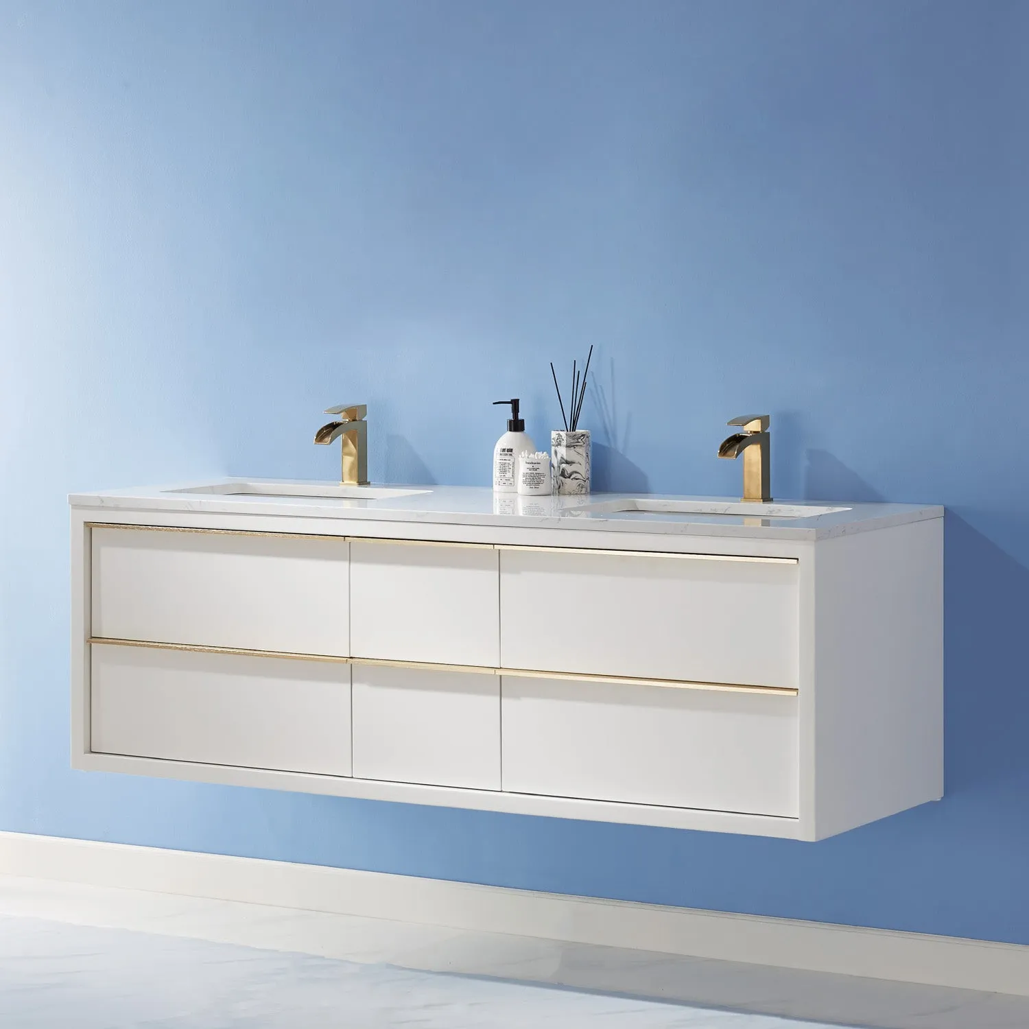Morgan 60" Double Bathroom Vanity Set in White and Composite Aosta White Stone Countertop