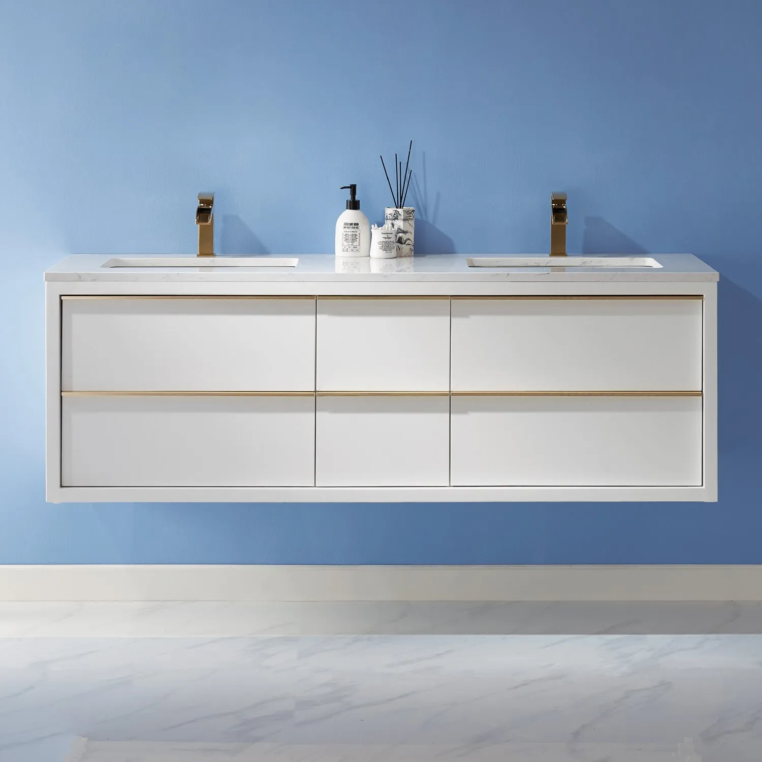 Morgan 60" Double Bathroom Vanity Set in White and Composite Aosta White Stone Countertop