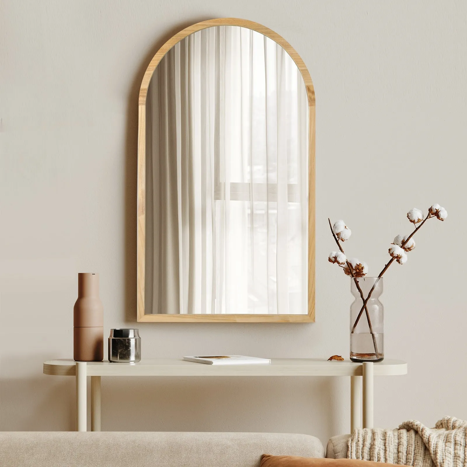Oikiture Arched Wall Mirrors Vanity Home Decro Makeup Mirror 86x50cm Wooden