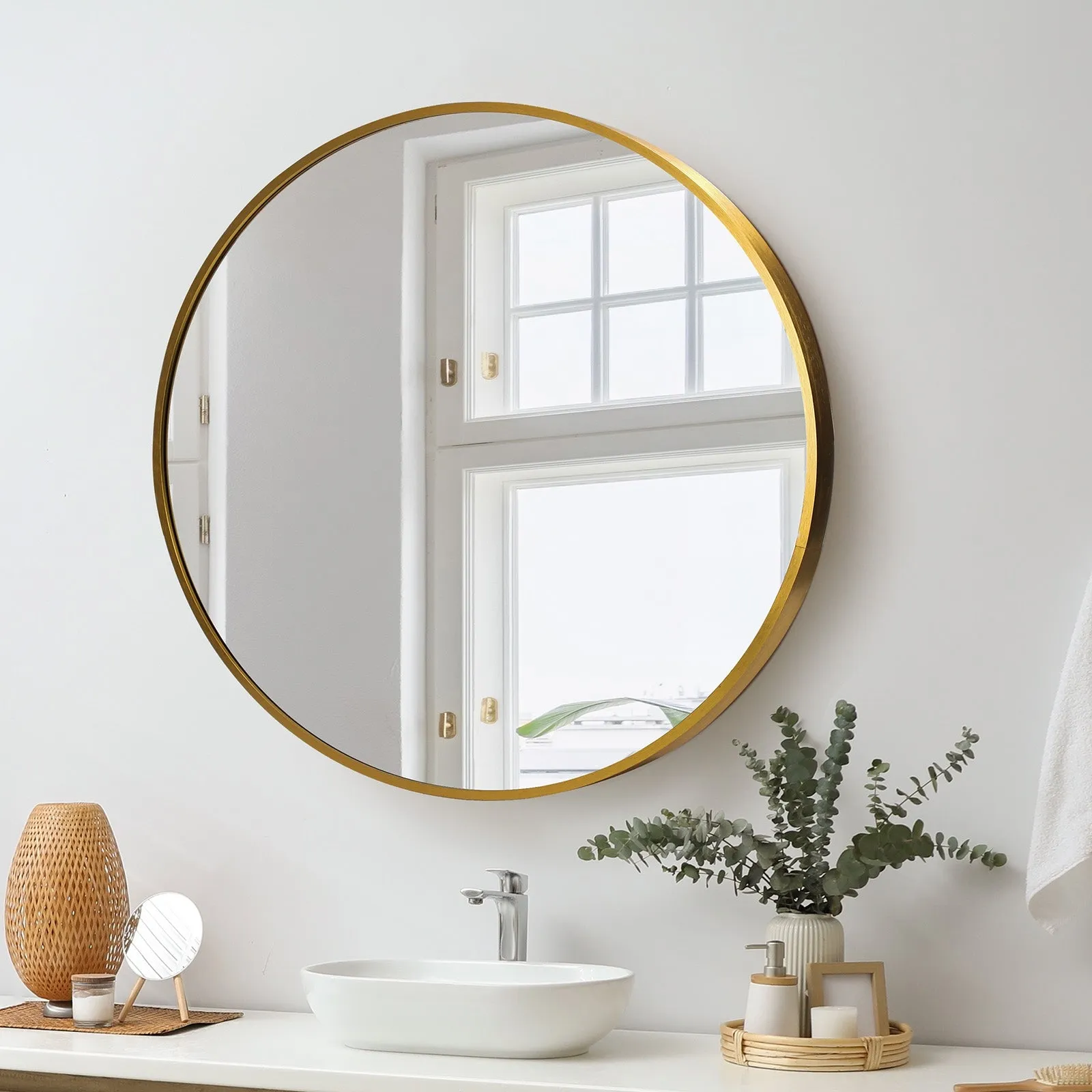 Oikiture Wall Mirrors Round 70cm Makeup Mirror Vanity Home Decro Gold Bathroom