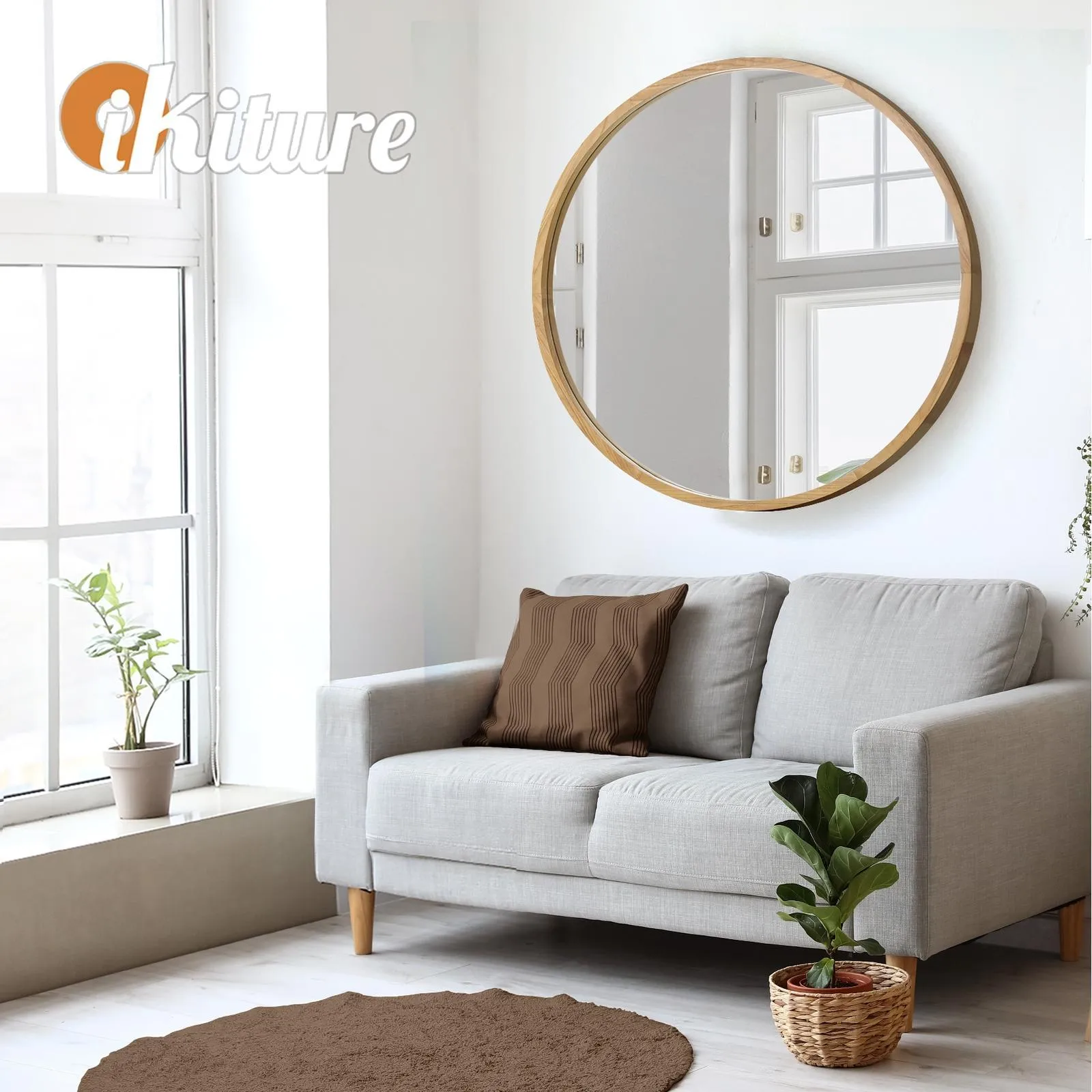 Oikiture Wall Mirrors Round Large Makeup Mirror Vanity Home Decro 90cm Wooden