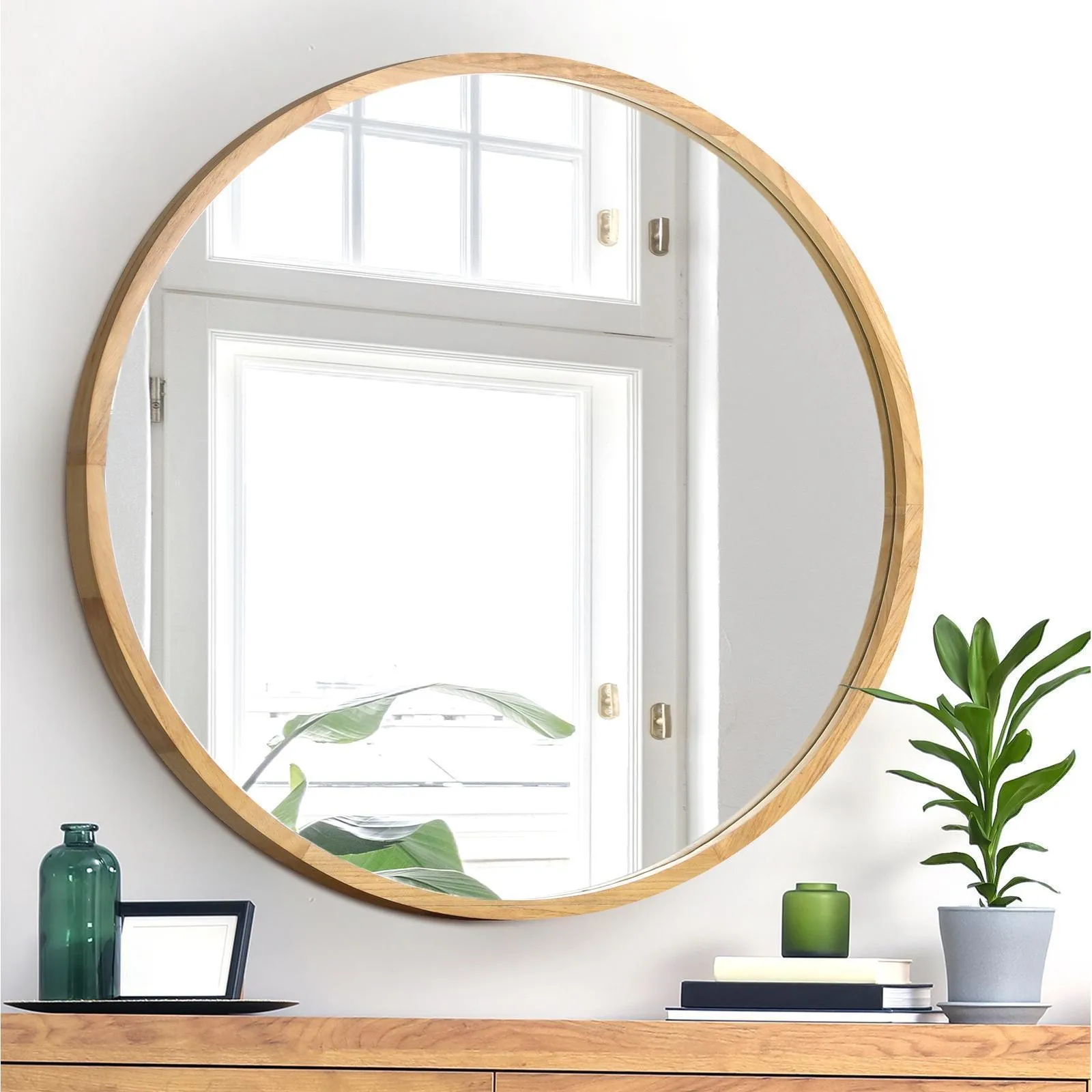 Oikiture Wall Mirrors Round Large Makeup Mirror Vanity Home Decro 90cm Wooden
