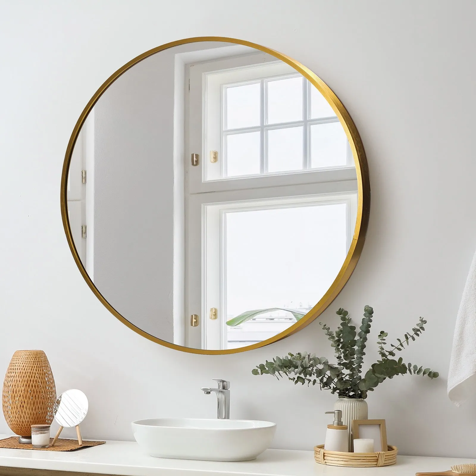 Oikiture Wall Mirrors Round Makeup Mirror Vanity Home Decorative Gold 80cm