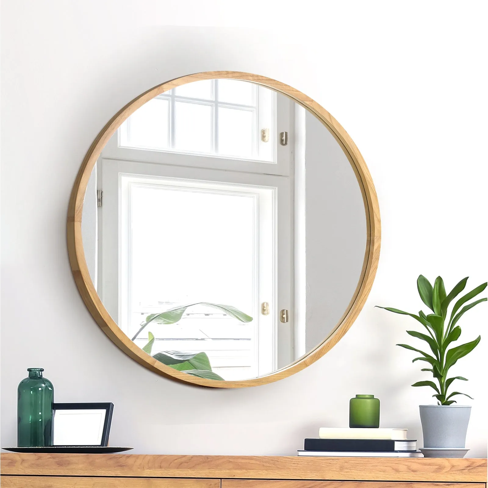 Oikiture Wall Mirrors Round Makeup Mirror Vanity Home Decro 50cm Wooden