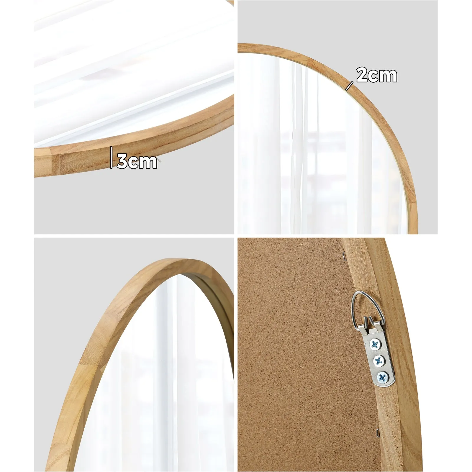 Oikiture Wall Mirrors Round Makeup Mirror Vanity Home Decro 50cm Wooden