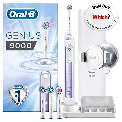 Oral-B Genius 9000 Sensi Ultrathin Electric Toothbrush Rechargeable, 1 Orchid Purple App Connected Handle, 6 Modes, Pressure Sensor, 4 Toothbrush Heads, USB Travel Case, UK 2 Pin Plug