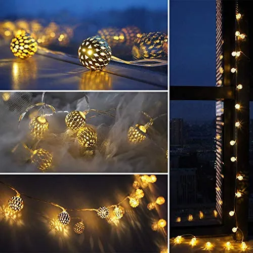 PESCA Moraccan Ball 16 LED String Lights Plug-in Metal Ball, Connectable with Tail Plug, for All Occasions-Christmas, Diwali