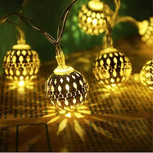 PESCA Moraccan Ball 16 LED String Lights Plug-in Metal Ball, Connectable with Tail Plug, for All Occasions-Christmas, Diwali