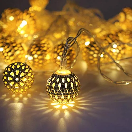PESCA Moraccan Ball 16 LED String Lights Plug-in Metal Ball, Connectable with Tail Plug, for All Occasions-Christmas, Diwali