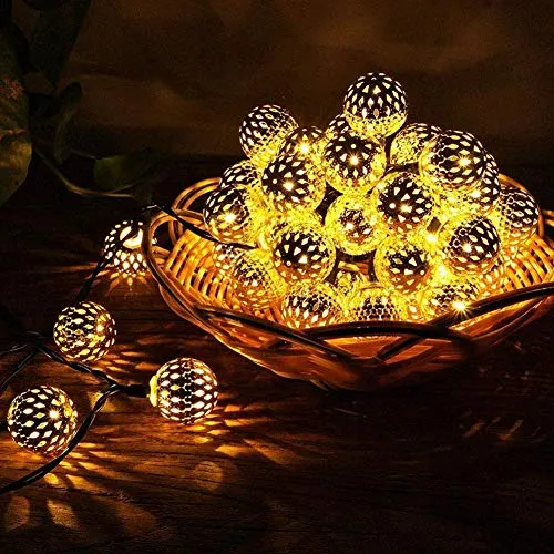 PESCA Moraccan Ball 16 LED String Lights Plug-in Metal Ball, Connectable with Tail Plug, for All Occasions-Christmas, Diwali