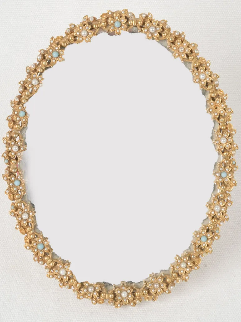 Petite Mid-Century Gilded Mirror w/ Pearl & Turquoise Cabochons 8"