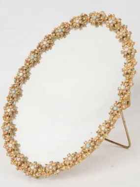 Petite Mid-Century Gilded Mirror w/ Pearl & Turquoise Cabochons 8"