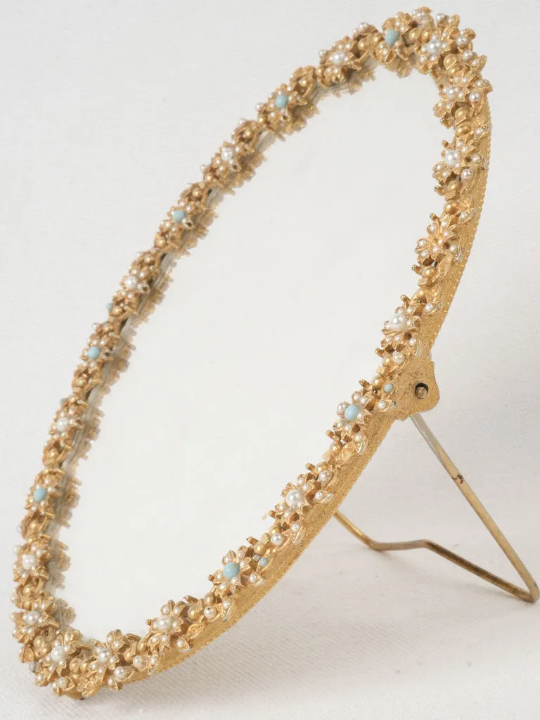 Petite Mid-Century Gilded Mirror w/ Pearl & Turquoise Cabochons 8"