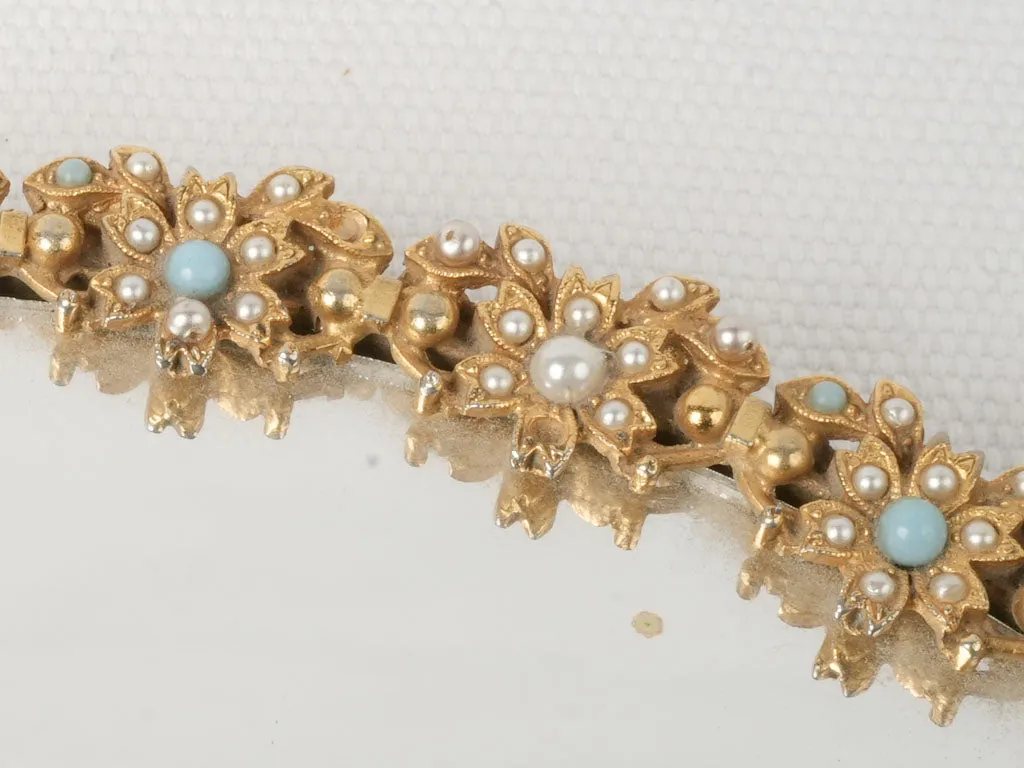 Petite Mid-Century Gilded Mirror w/ Pearl & Turquoise Cabochons 8"