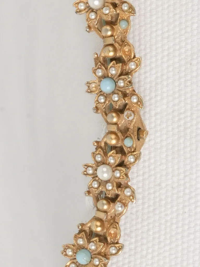 Petite Mid-Century Gilded Mirror w/ Pearl & Turquoise Cabochons 8"