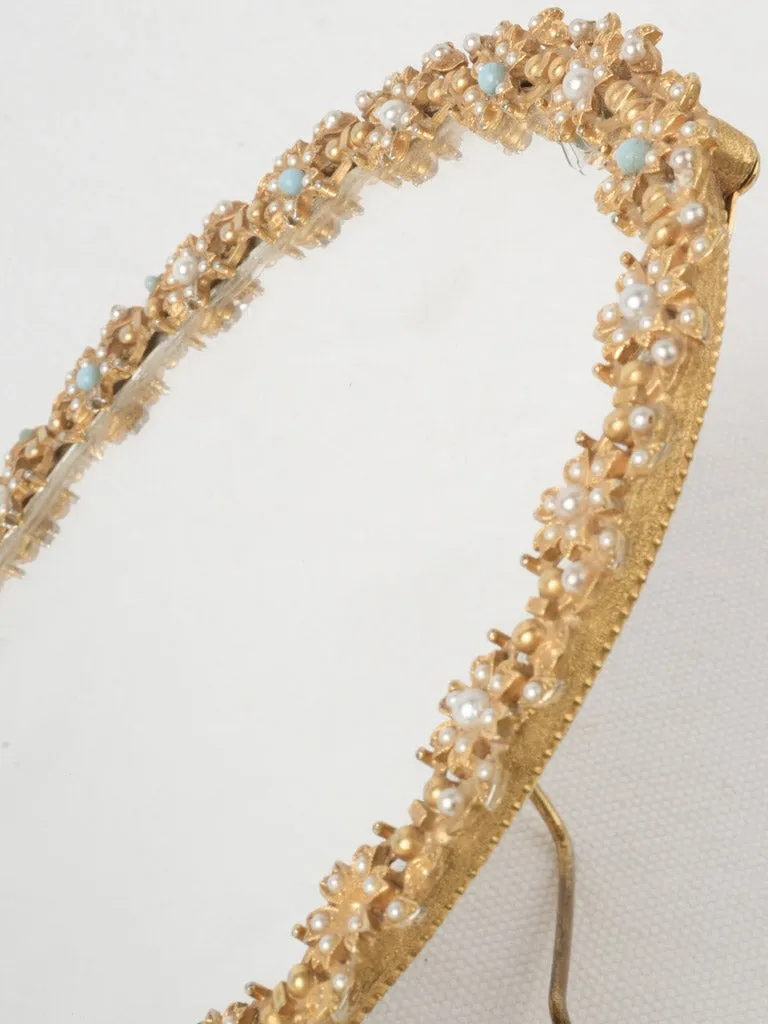 Petite Mid-Century Gilded Mirror w/ Pearl & Turquoise Cabochons 8"