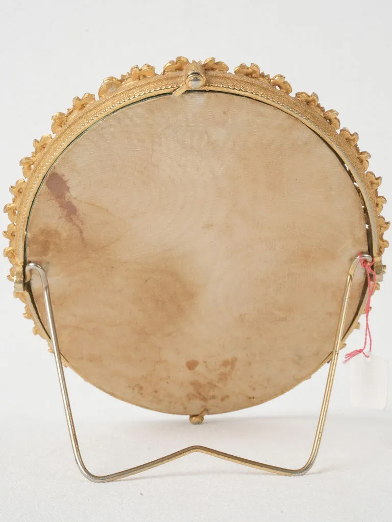 Petite Mid-Century Gilded Mirror w/ Pearl & Turquoise Cabochons 8"