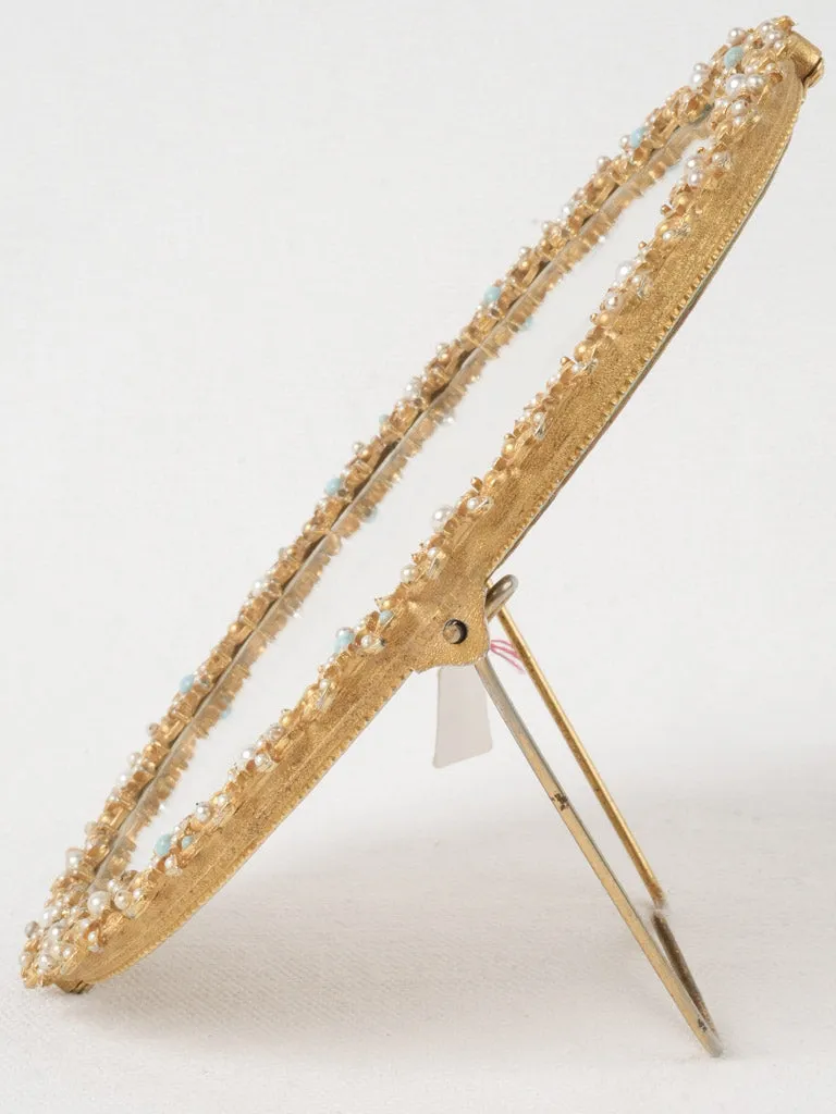 Petite Mid-Century Gilded Mirror w/ Pearl & Turquoise Cabochons 8"