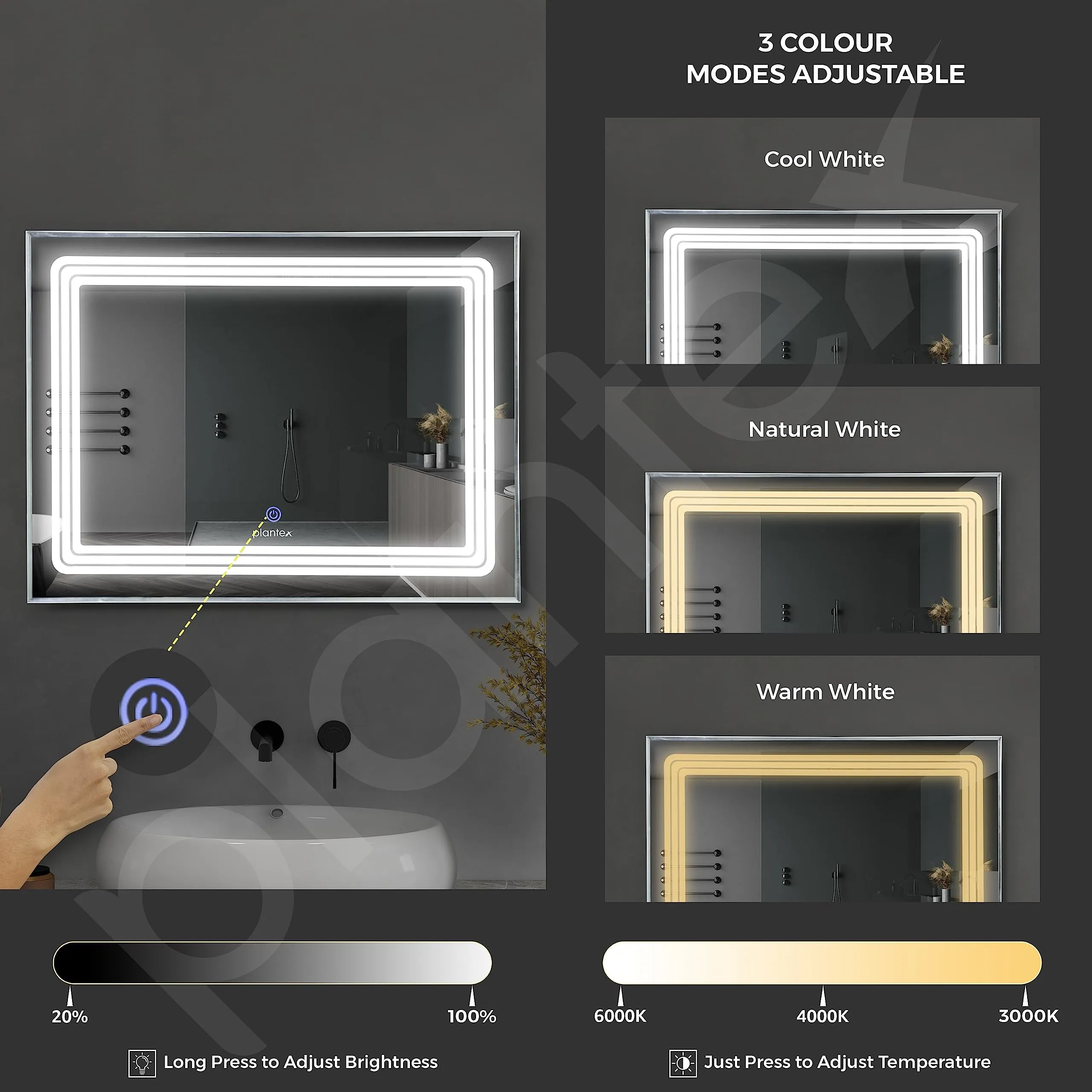 Plantex LED Mirror for Bedroom/Wall with 3 Lighting Option/Smart Mirror for Living Room/Bedroom/Dressing Room - Rectangle Shape (18 X 24 Inch)