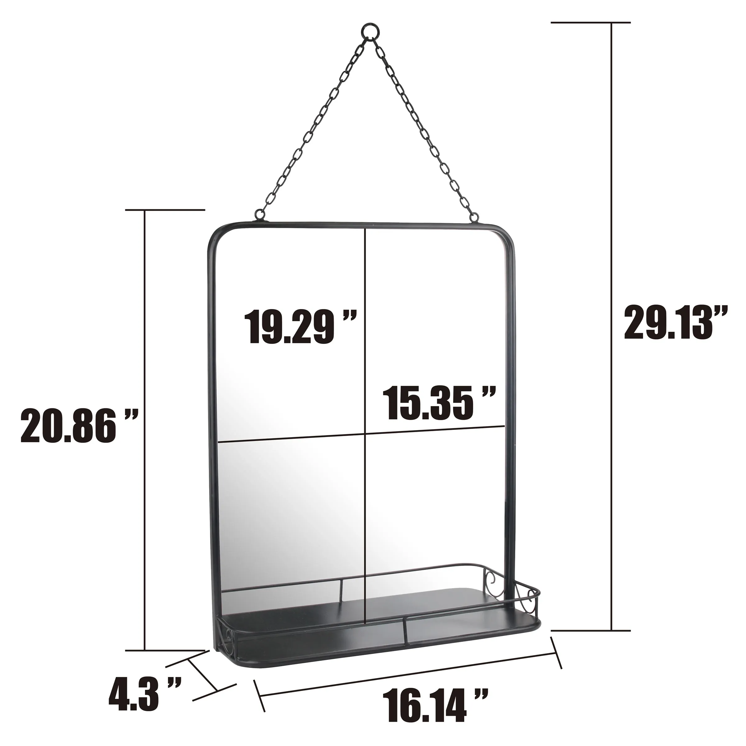 Rectangle Black Metal Wall Mirror with Hanging Chain and Shelf (WS)