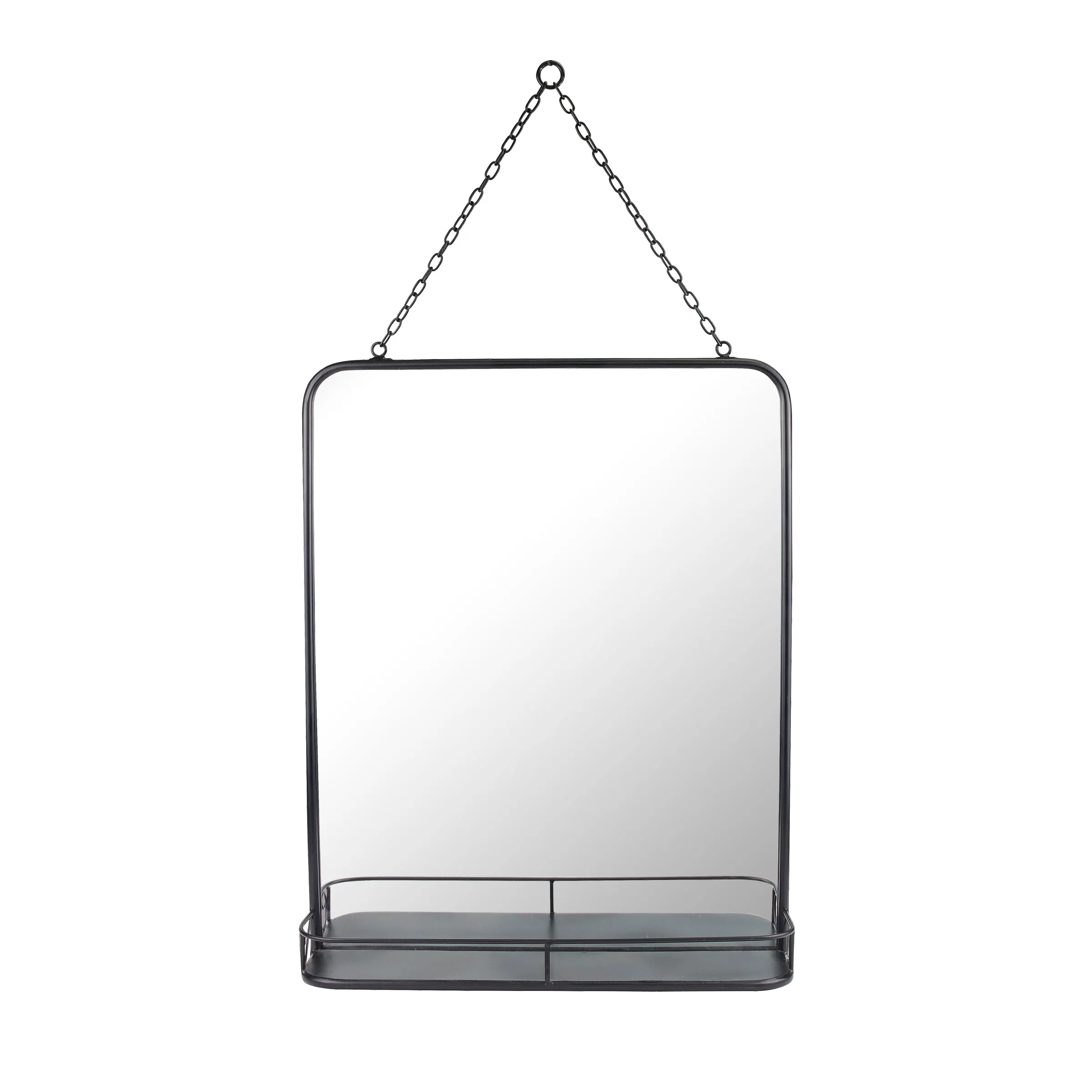 Rectangle Black Metal Wall Mirror with Hanging Chain and Shelf (WS)