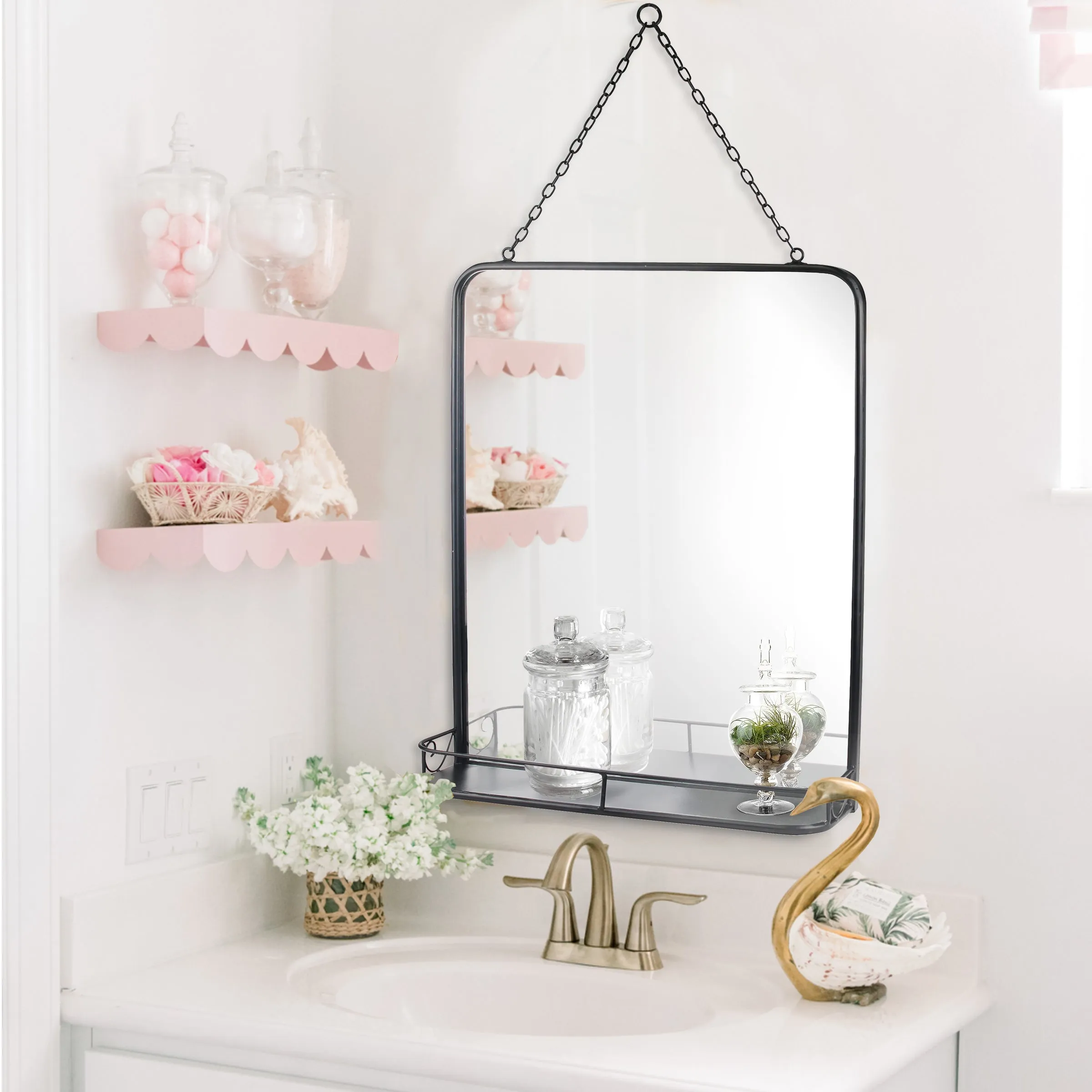 Rectangle Black Metal Wall Mirror with Hanging Chain and Shelf (WS)