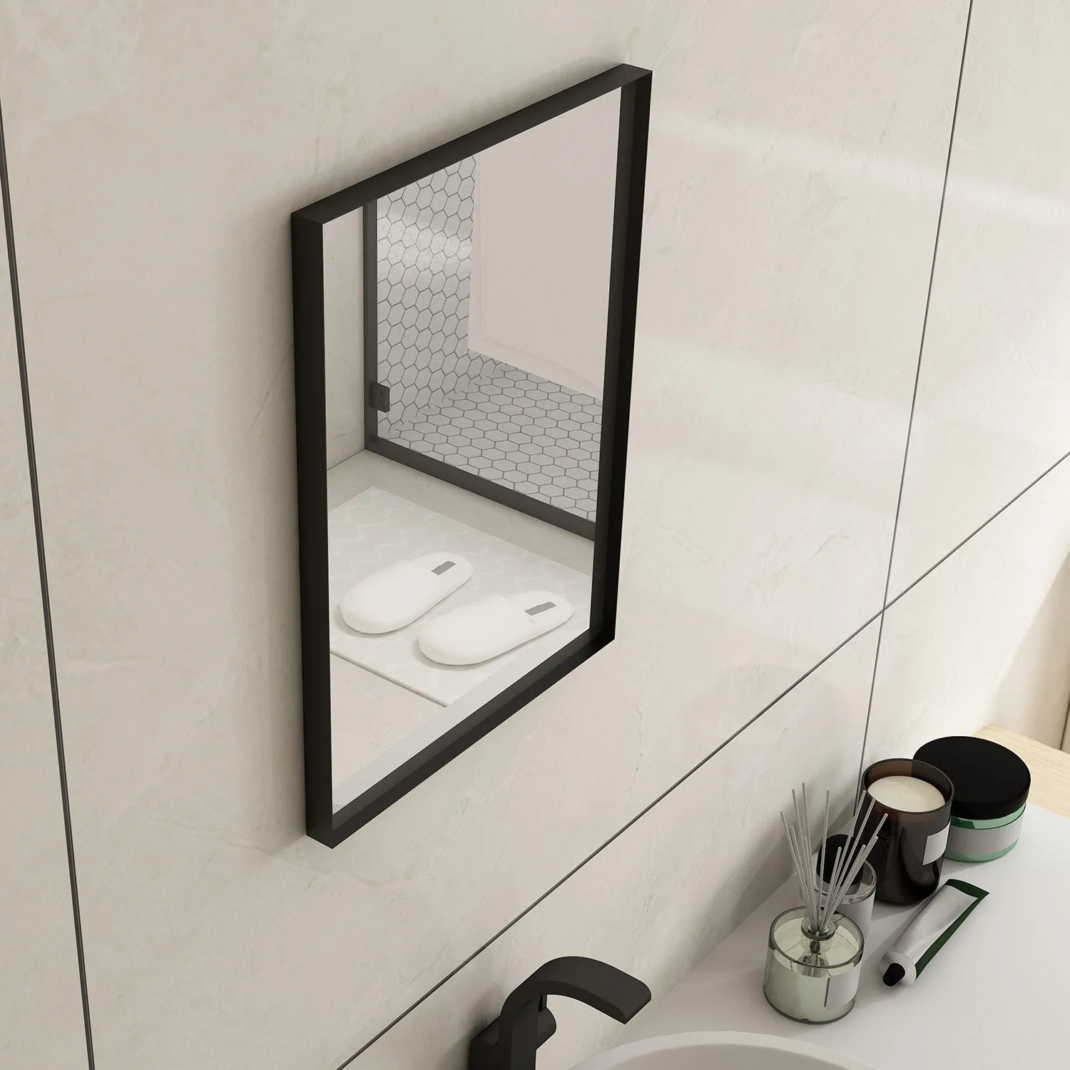 Rectangular Framed Bathroom Mirror Right Angle in Matte Black