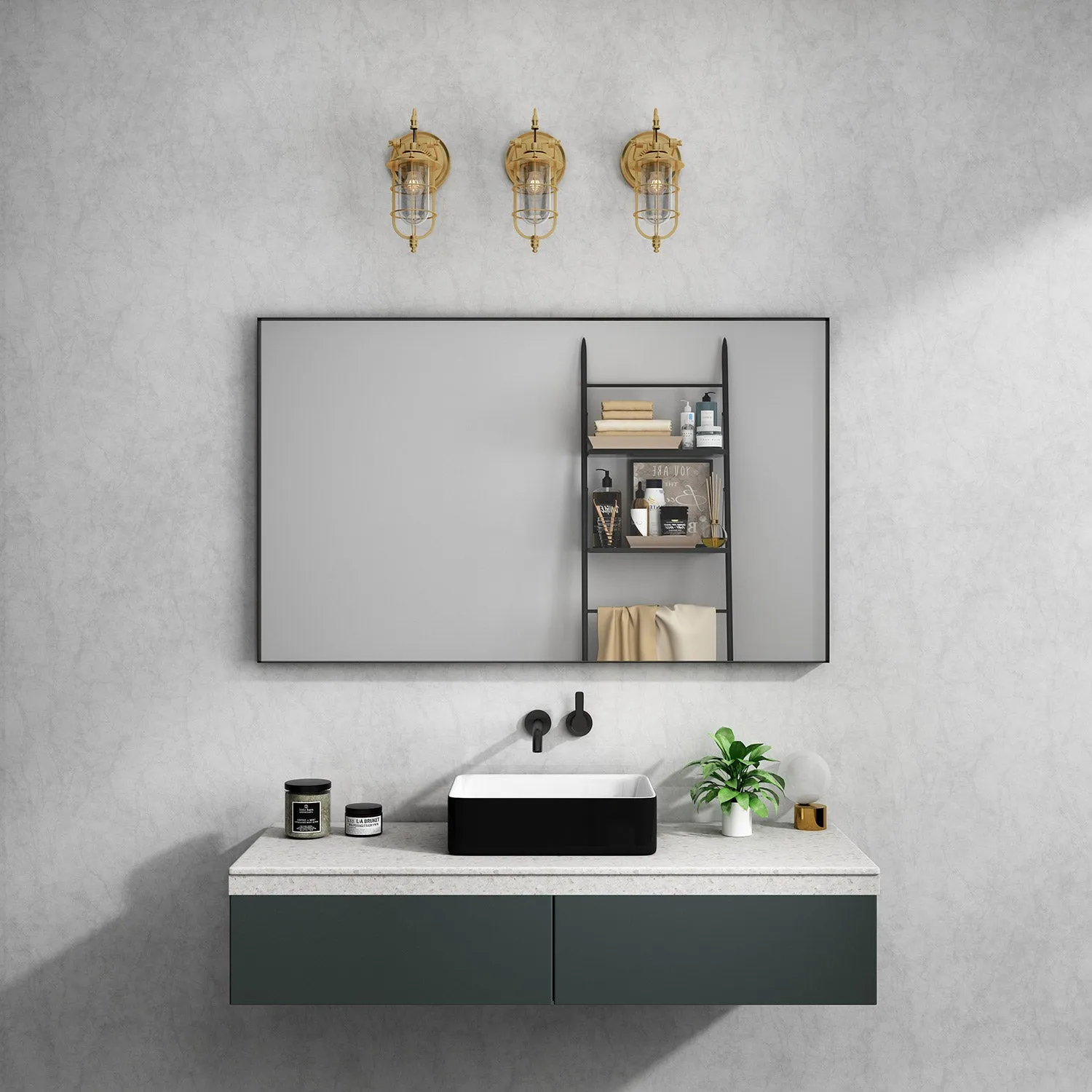 Rectangular Framed Bathroom Mirror Right Angle in Matte Black