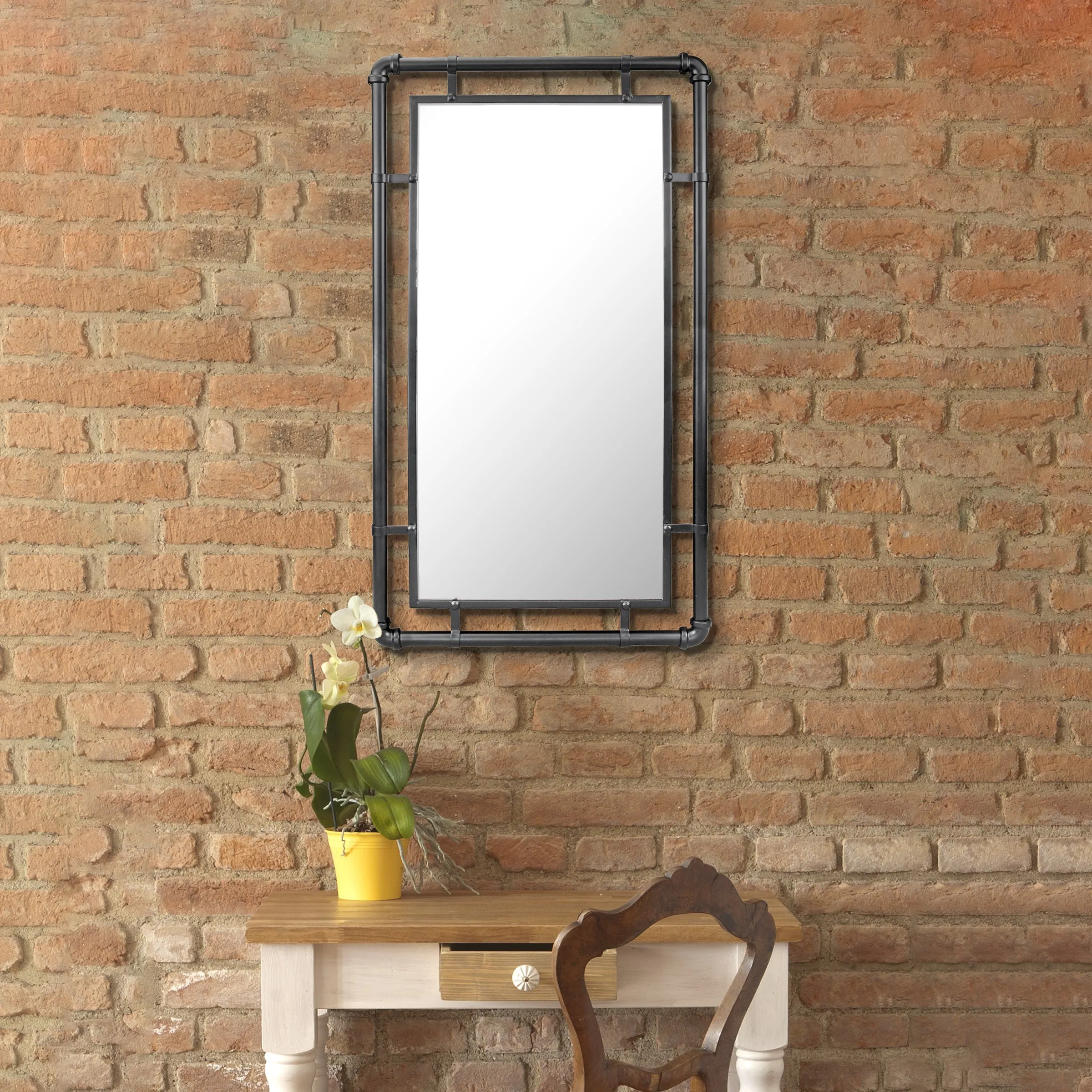 Rectangular Industrial Black Metal Pipe Hanging Wall Mirror (WS)