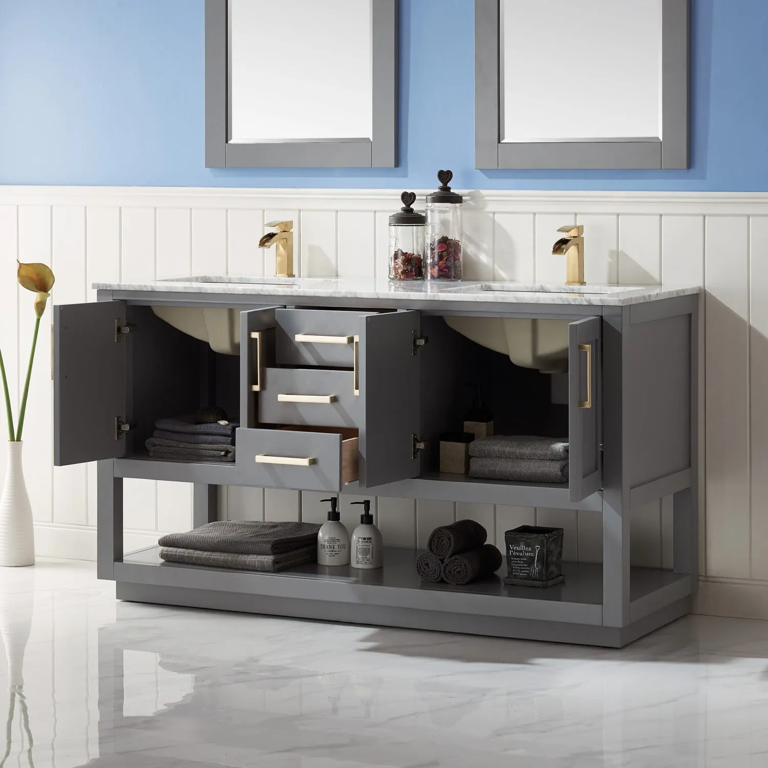 Remi 60" Double Bathroom Vanity Set with Marble Countertop