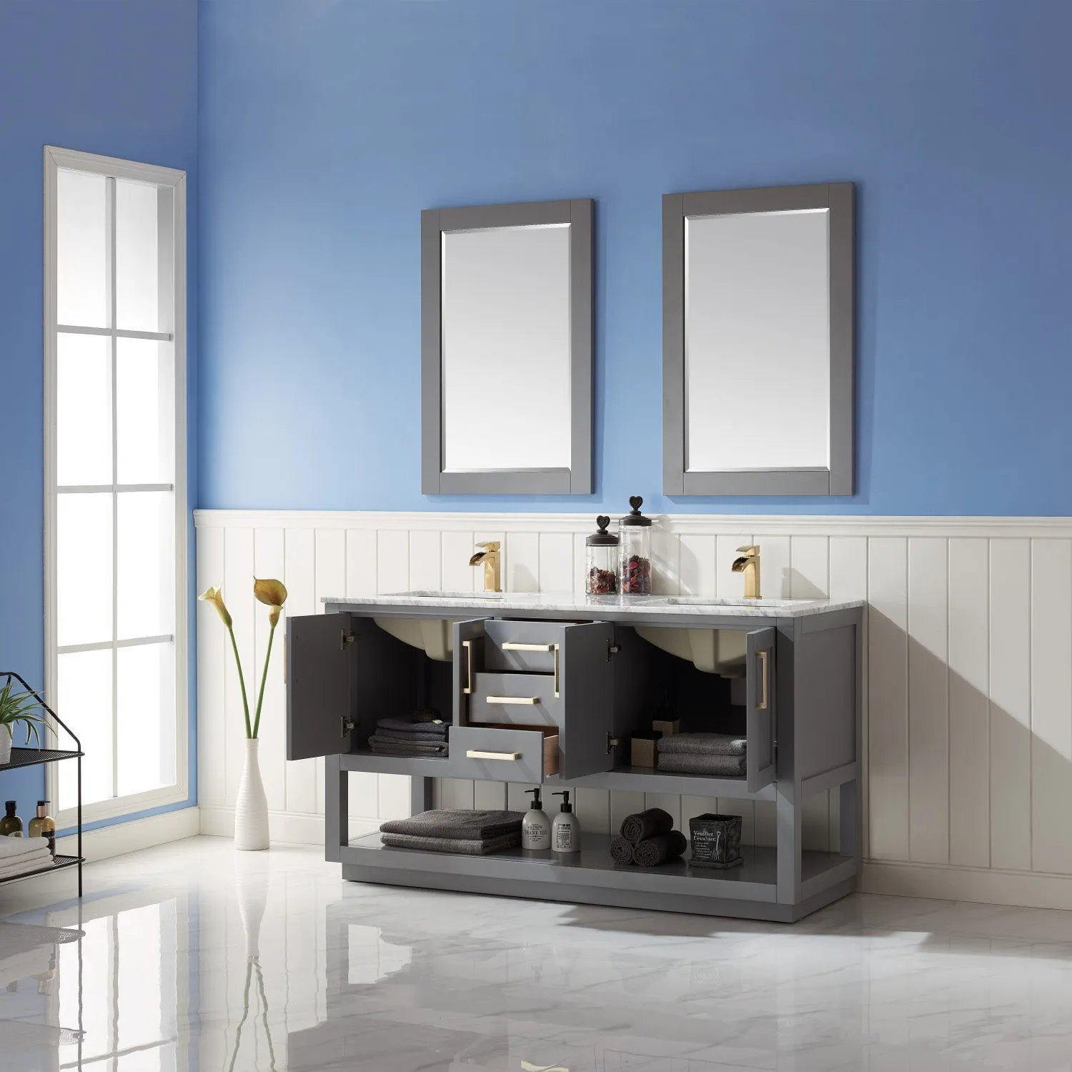 Remi 60" Double Bathroom Vanity Set with Marble Countertop