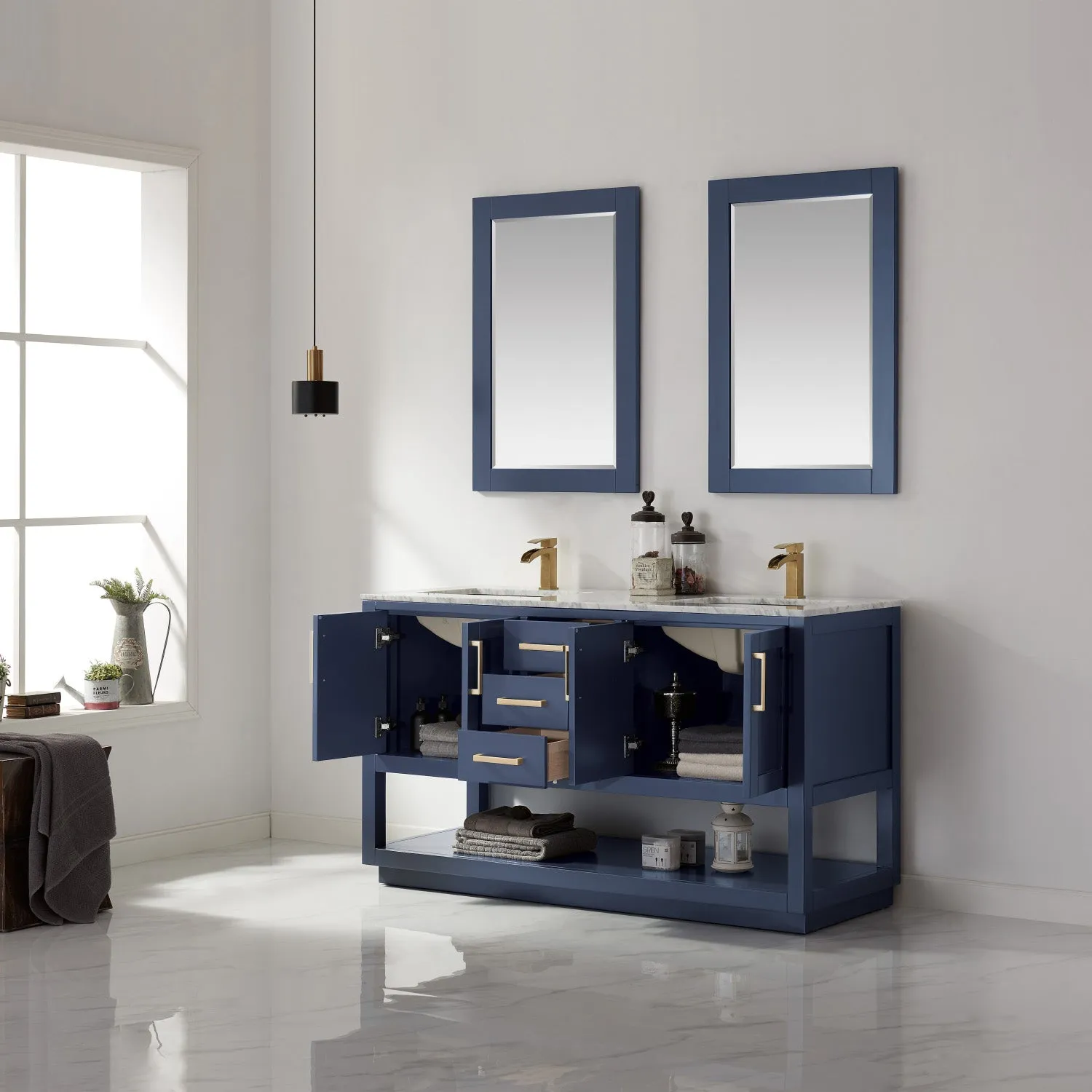 Remi 60" Double Bathroom Vanity Set with Marble Countertop