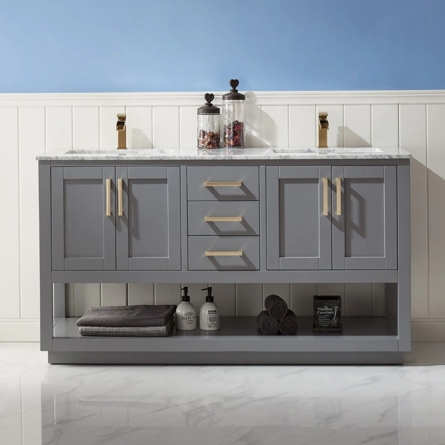 Remi 60" Double Bathroom Vanity Set with Marble Countertop