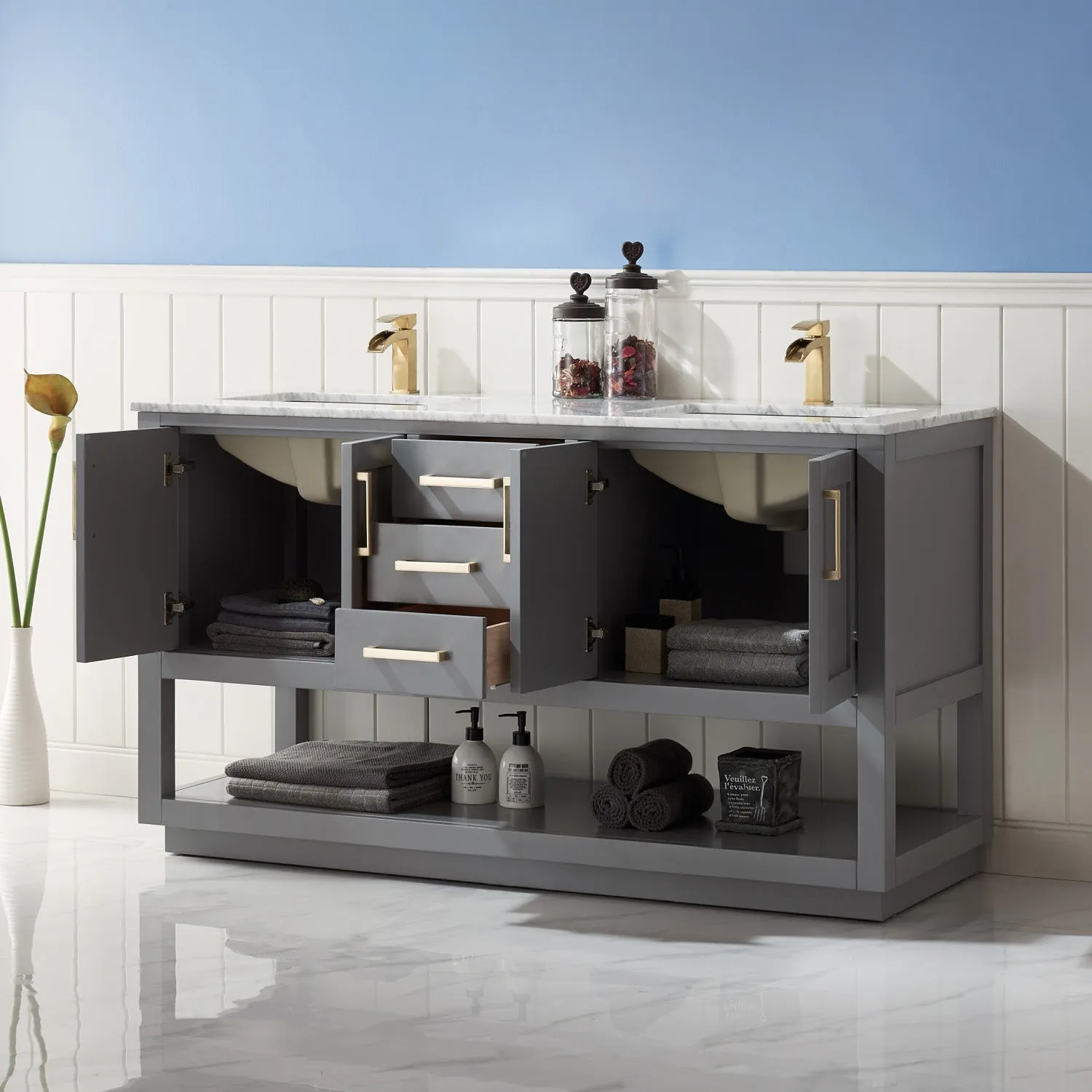 Remi 60" Double Bathroom Vanity Set with Marble Countertop