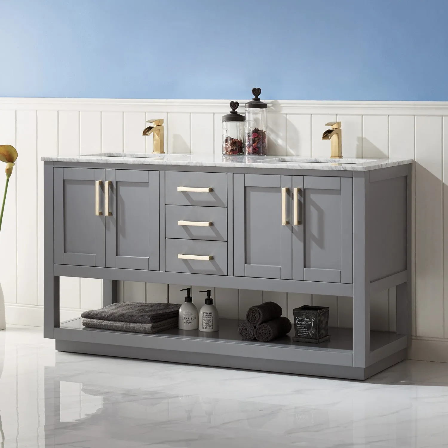 Remi 60" Double Bathroom Vanity Set with Marble Countertop