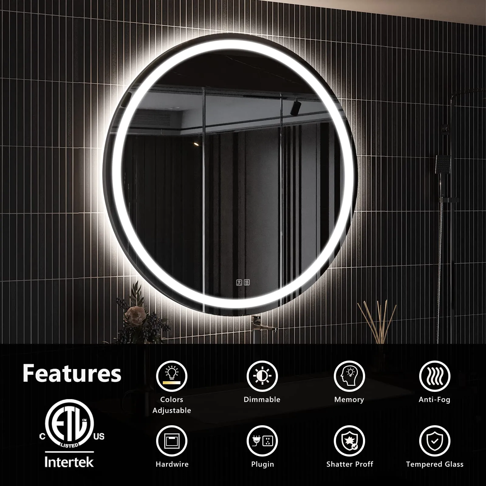 ROOMTEC 40 Inches LED Bathroom Mirror with Front and Backlit,Anti-Fog,3 Colors and Dimmable Light(ETL/UL Certification)
