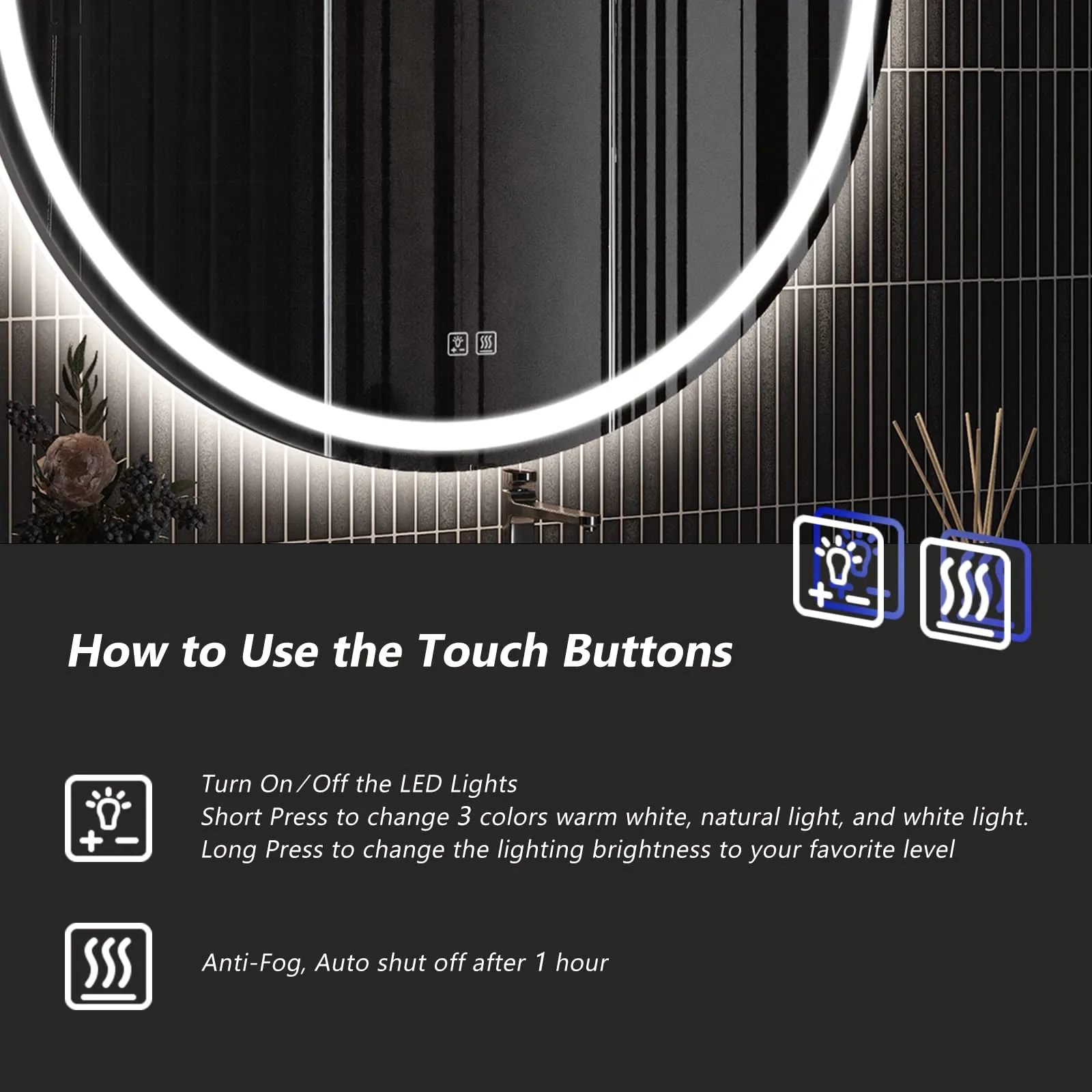 ROOMTEC 40 Inches LED Bathroom Mirror with Front and Backlit,Anti-Fog,3 Colors and Dimmable Light(ETL/UL Certification)