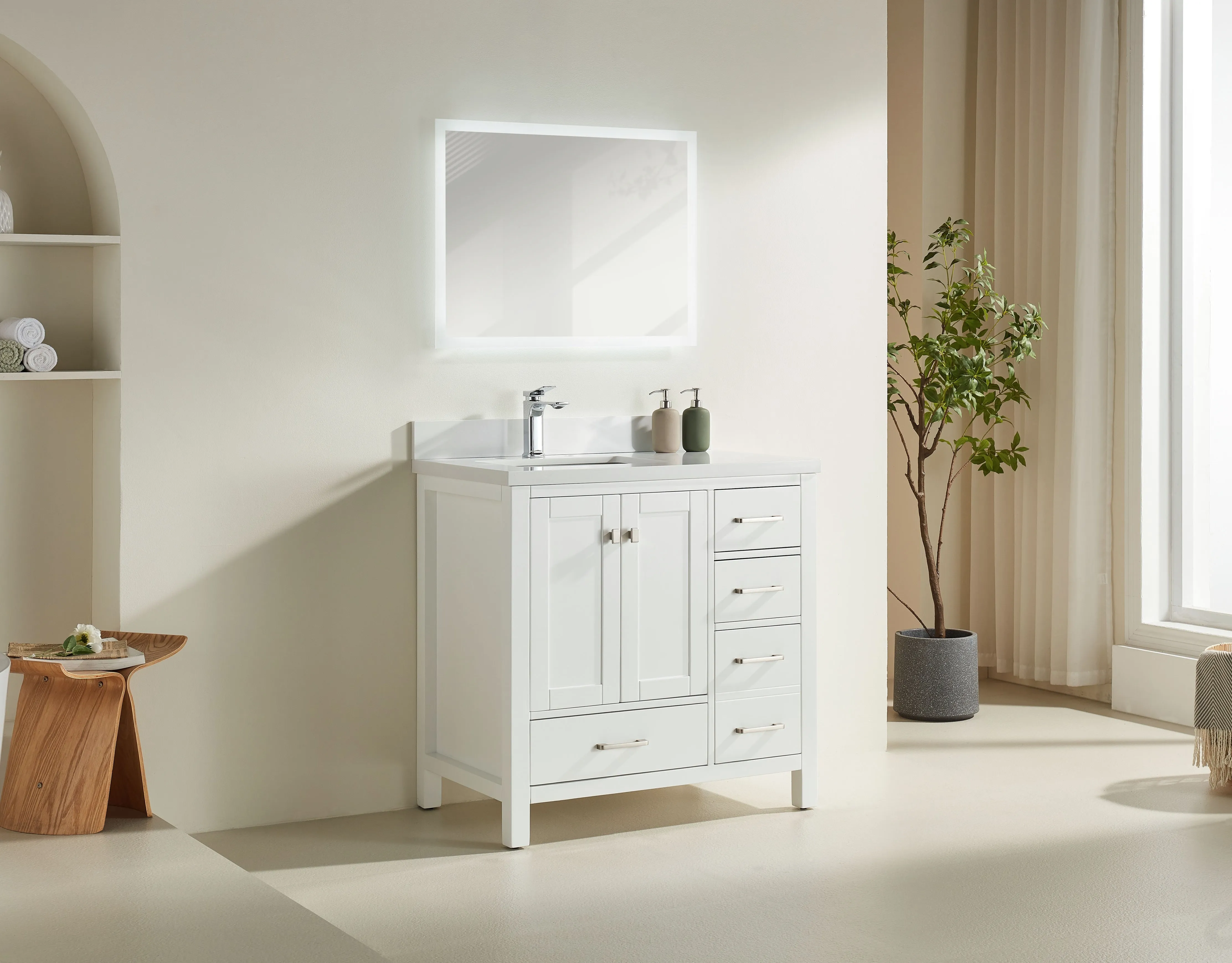 Rose- 36" White , Floor Standing Modern Bathroom Vanity, White Quartz Countertop