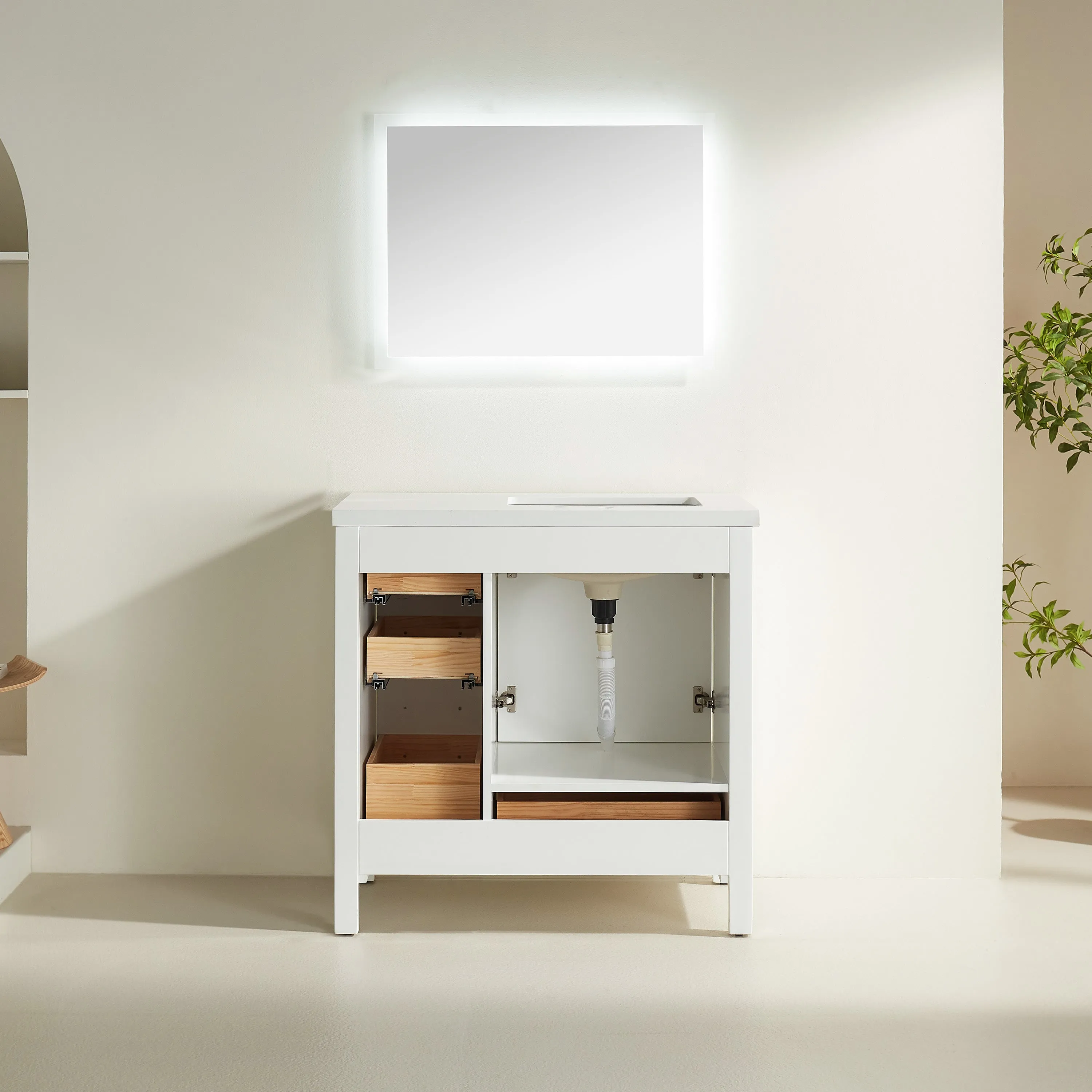 Rose- 36" White , Floor Standing Modern Bathroom Vanity, White Quartz Countertop