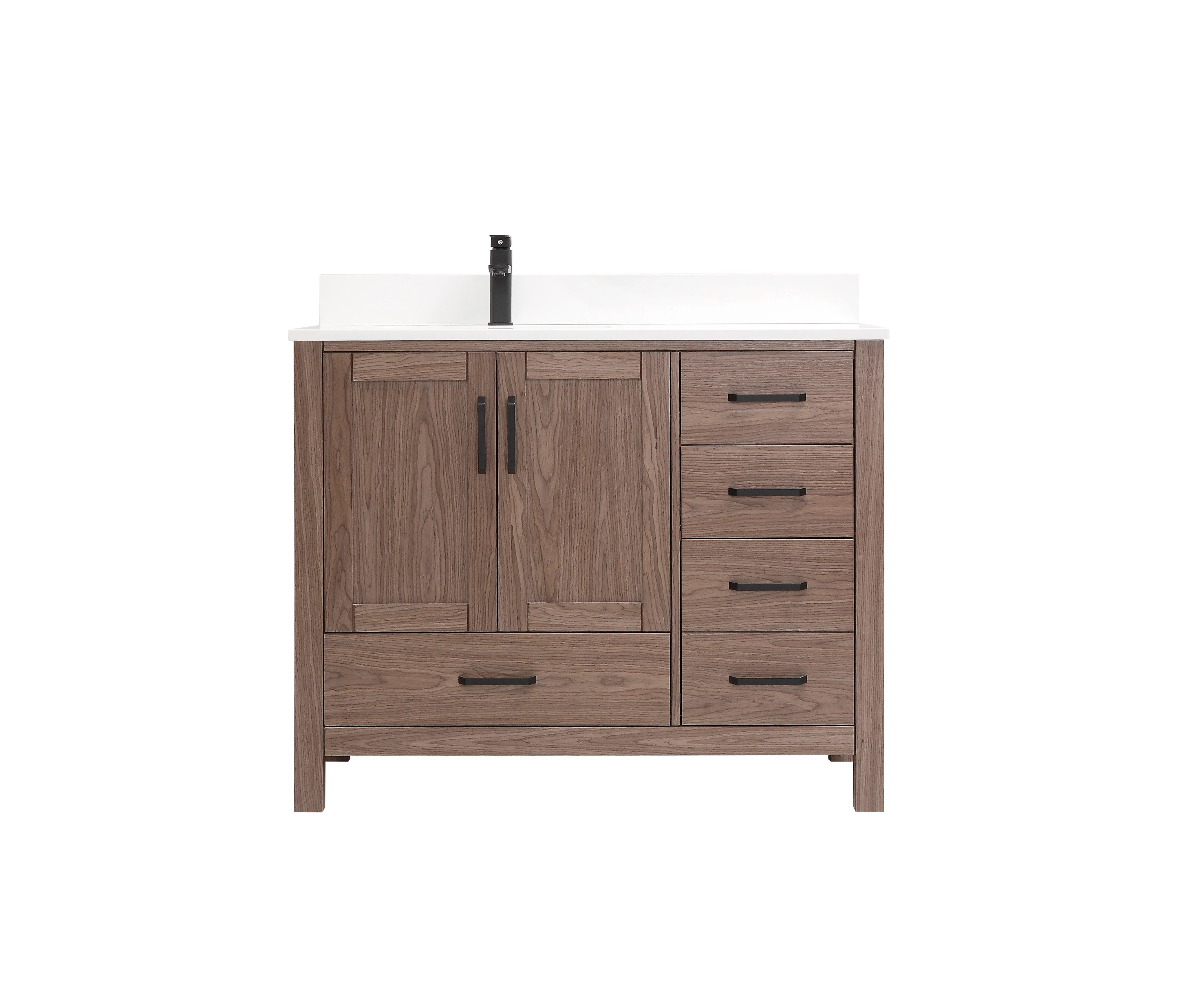 ROSE- 42" Brown Oak , Floor Standing Modern Bathroom Vanity, Quartz Countertop, Matt Black Hardware