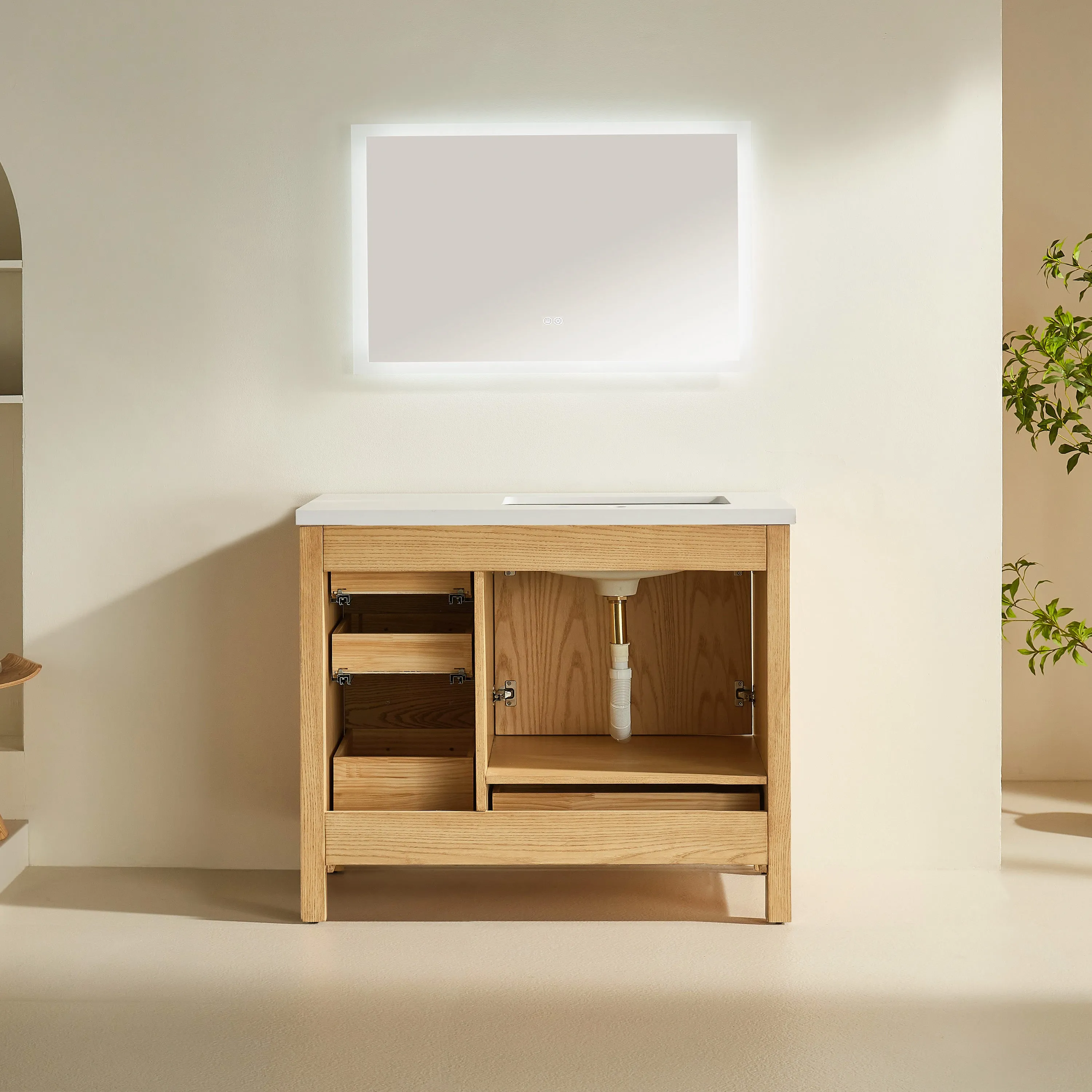 Rose- 42" White Oak , Floor Standing Modern Bathroom Vanity, White Quartz Countertop