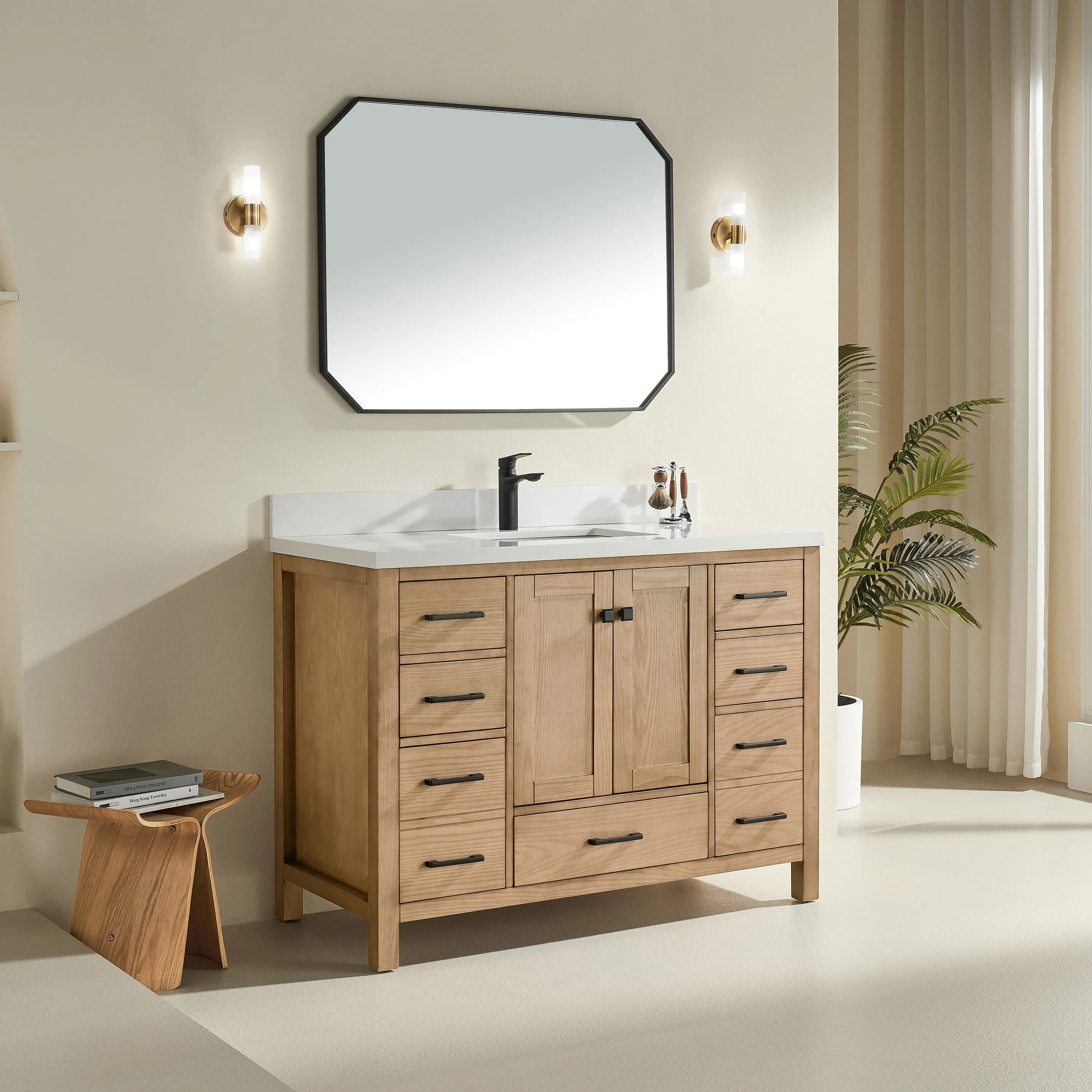 Rose - 48", Antique Oak, Floor Standing Modern Bathroom Vanity, White Quartz Countertop** PRE ORDER NOW/ ETA:2024-11-29 **
